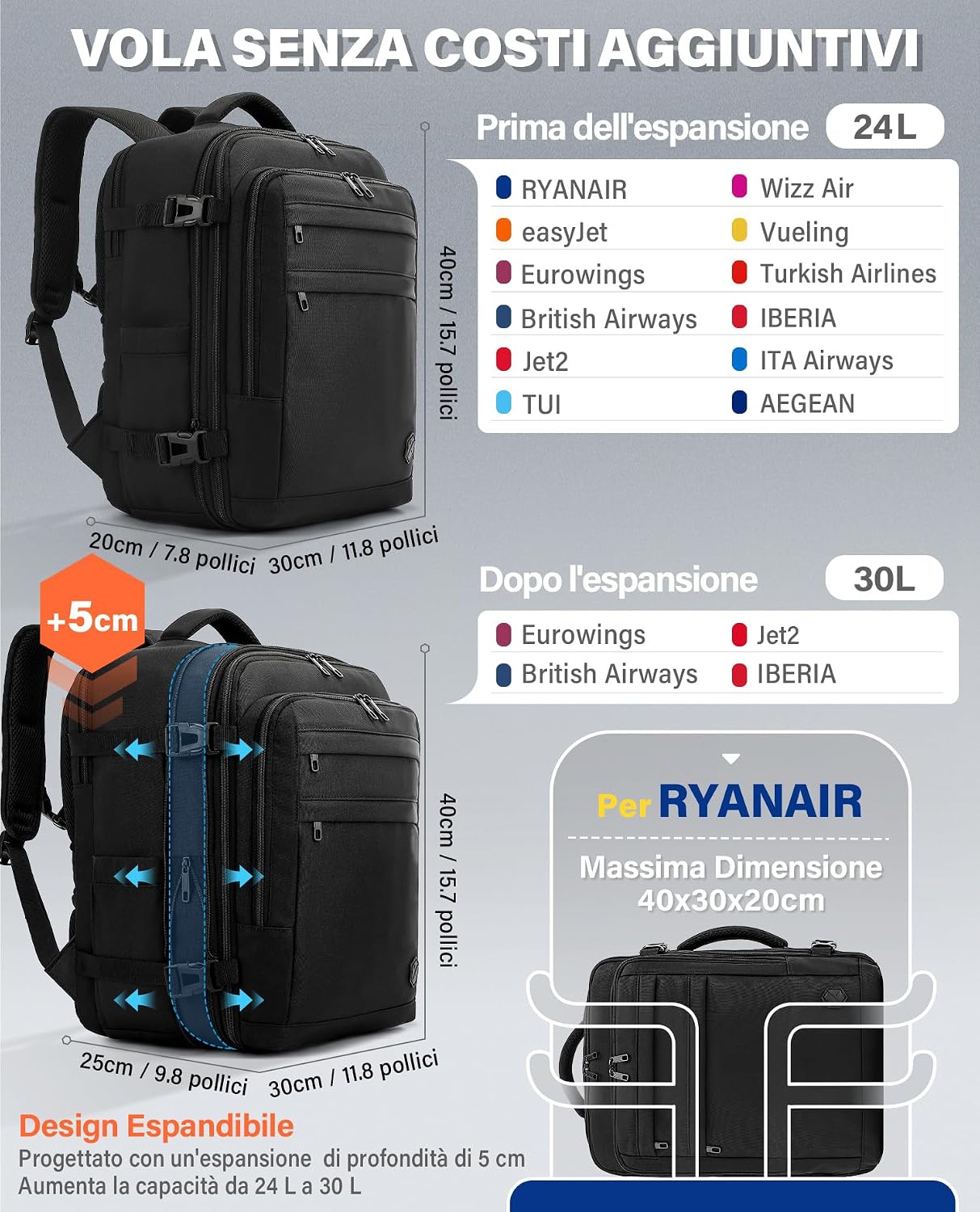 Thumbnail 1 de Zaino da Viaggio VANKEV 24–30 L: ES extenso, TSA, laptop 16'' e bagaglio a mano per Ryanair/EasyJet