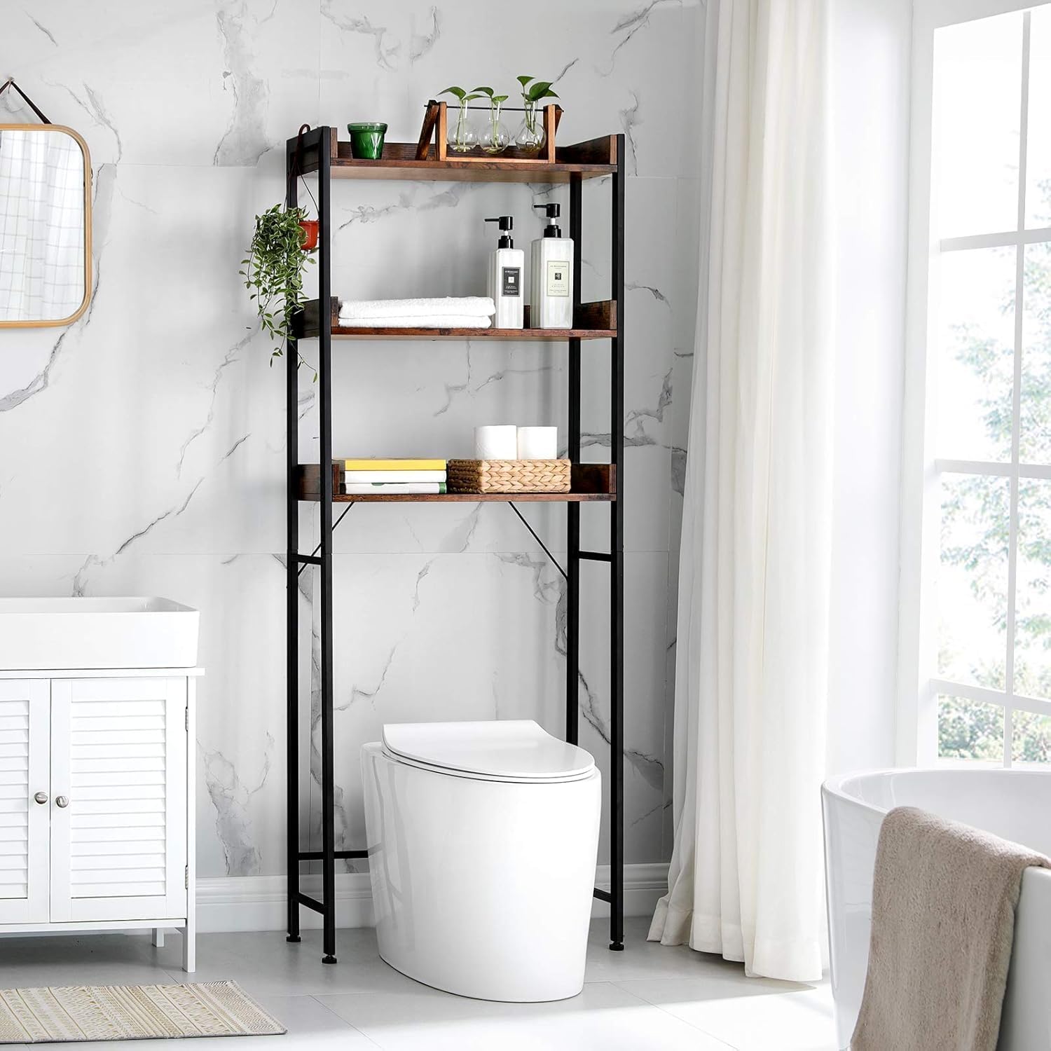 Detalle 2 de VASAGLE BTS002B01 : étagère de toilettes à 3 niveaux style industriel marron rustique et noir