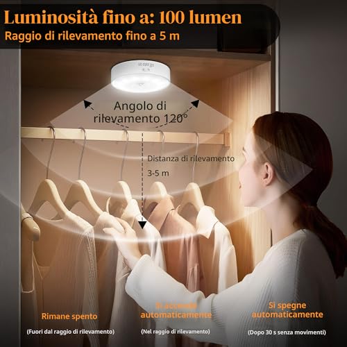 Detalle 2 de Set di 6 Luci Notturne con Sensore di Movimento di daphomeu – LED ricaricabili, 3 modalità e installazione flessibile