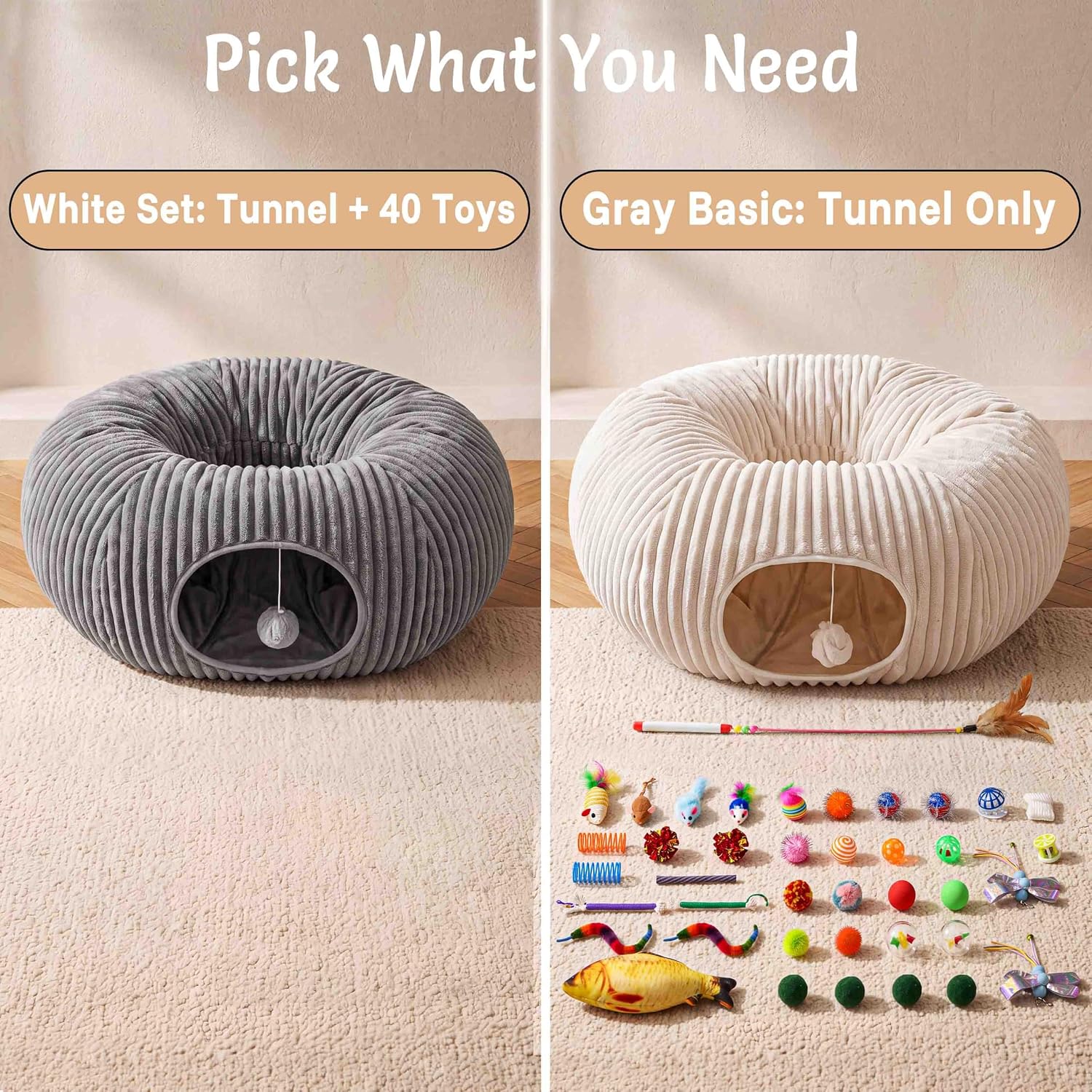 Thumbnail 6 de MOYMO MOY-CT-strp-grey-14-m Cat Tunnel Bed, Grey Cotton Play Cave