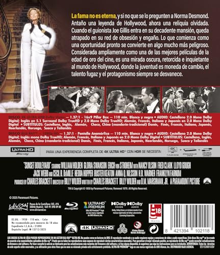 Detalle 2 de El Crepúsculo de los Dioses (Sunset Boulevard) — 1950 en 4K UHD + Blu-ray | Billy Wilder | Divisa Films
