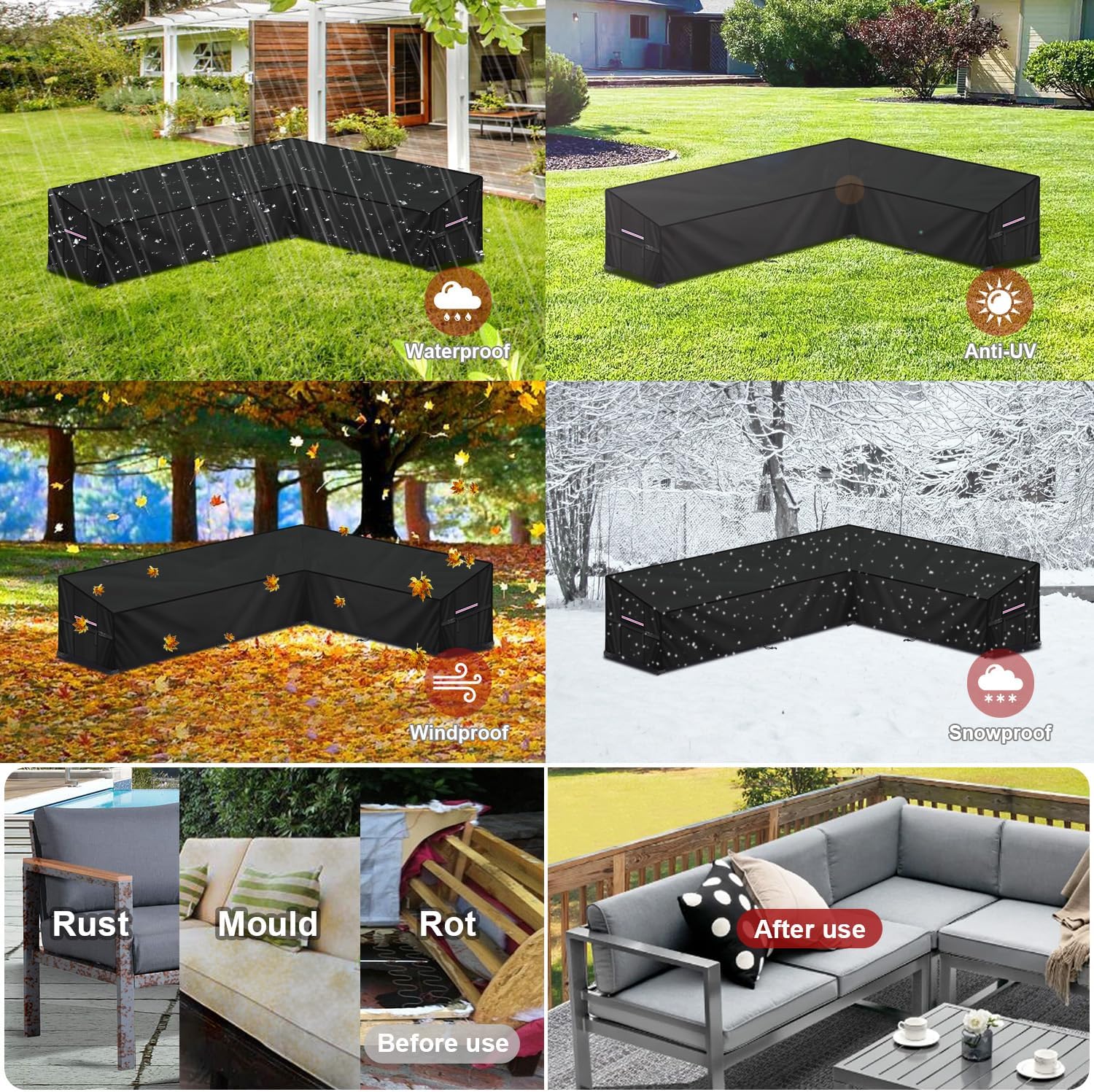 Detalle de LAMUNI Lounge-Abdeckung für L-Form Loungemöbel (wasserdicht, Anti-UV), 260x180x90x80/60 cm