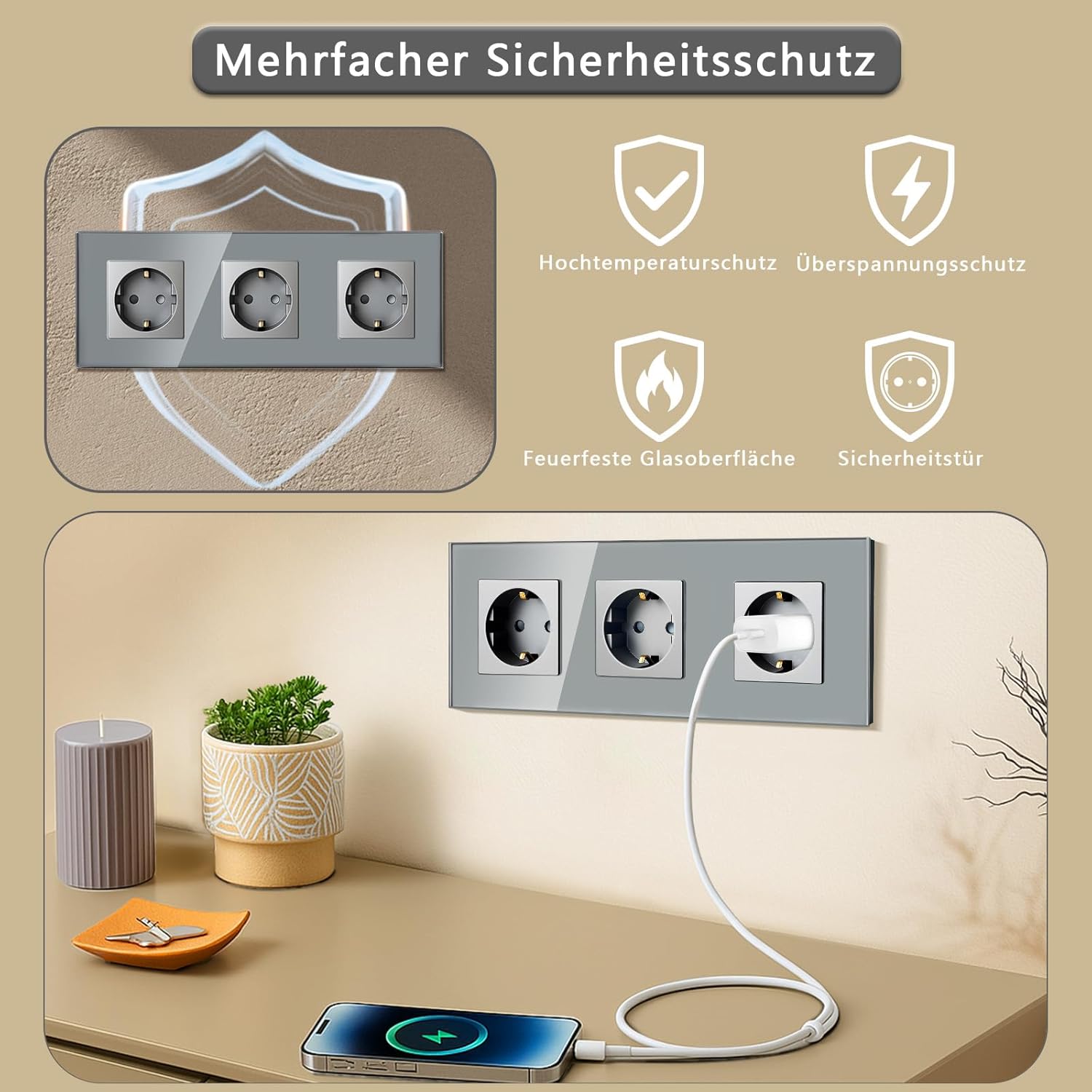 Thumbnail 4 de TAWOIA Schuko Steckdose (EU-Standard) 4-fach Unterputz mit Glasplatte, grau