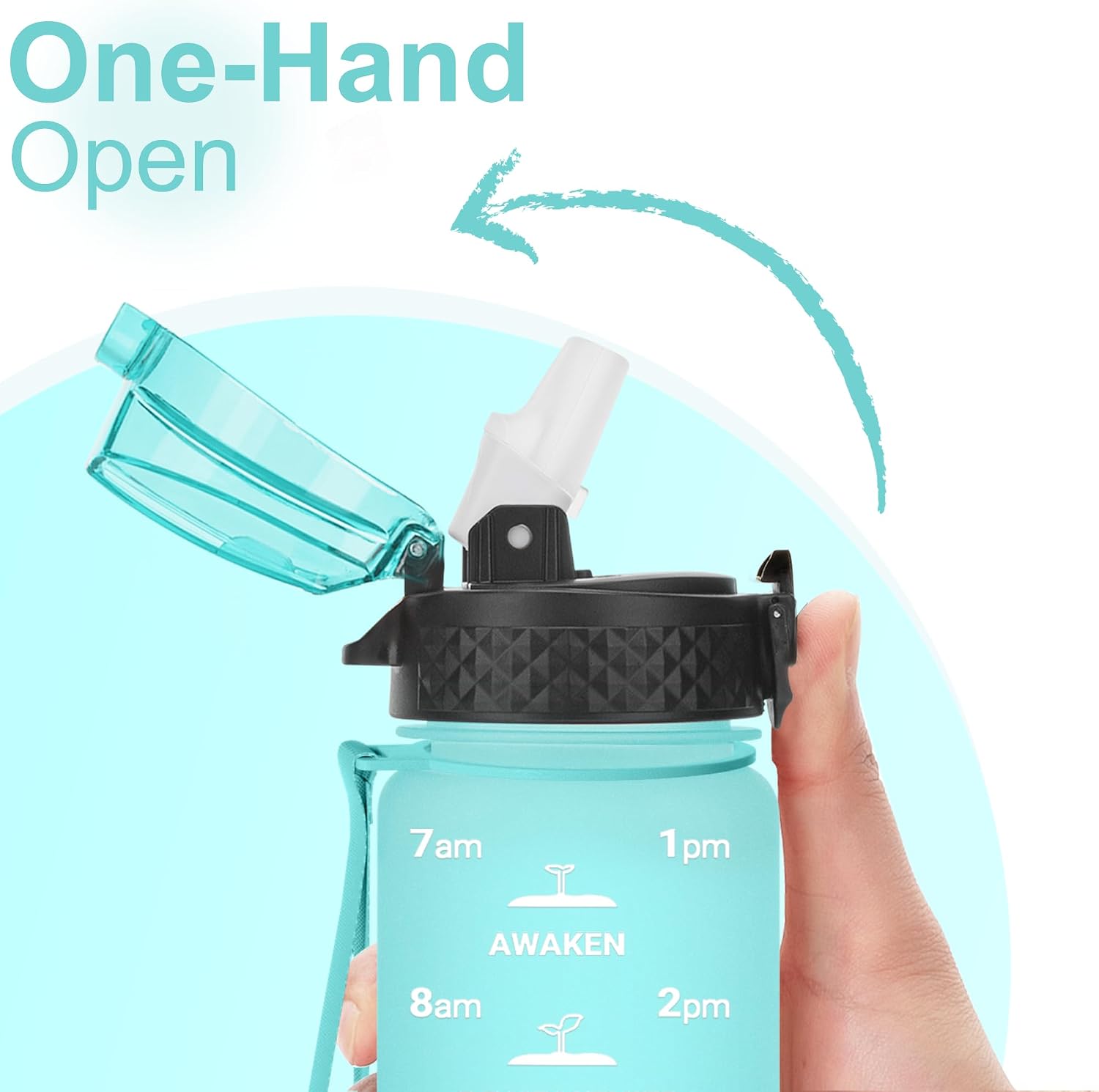 Detalle 2 de GOPPUS 500ml Kids Water Bottle (Straw + Flip-Top Lid) with Strap, Leakproof, BPA Free, Time Markings (Green)