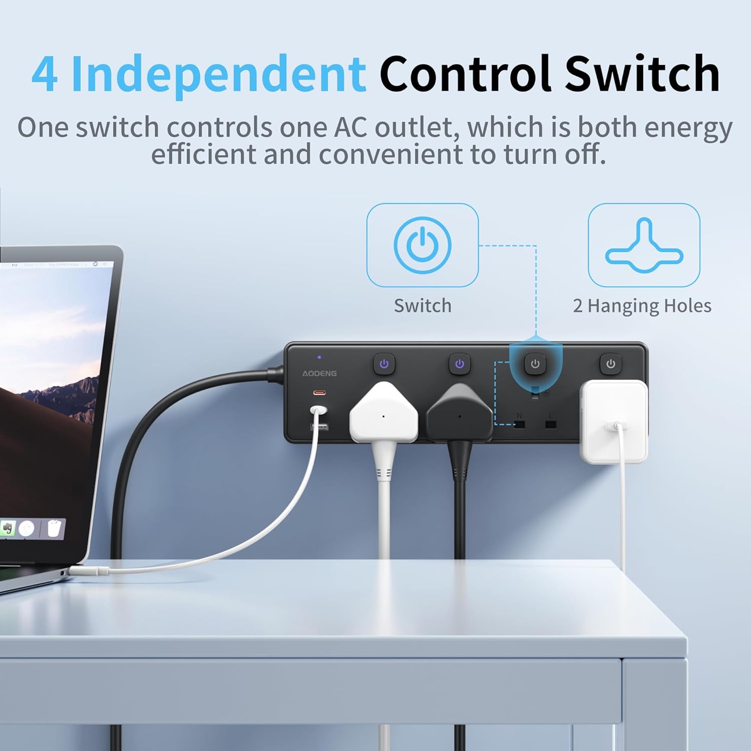 Thumbnail 3 de Extension Lead with 3 USB Slots (30W) and 4-Way Sockets, 3M Wall-Mountable Surge Protected Power Strip