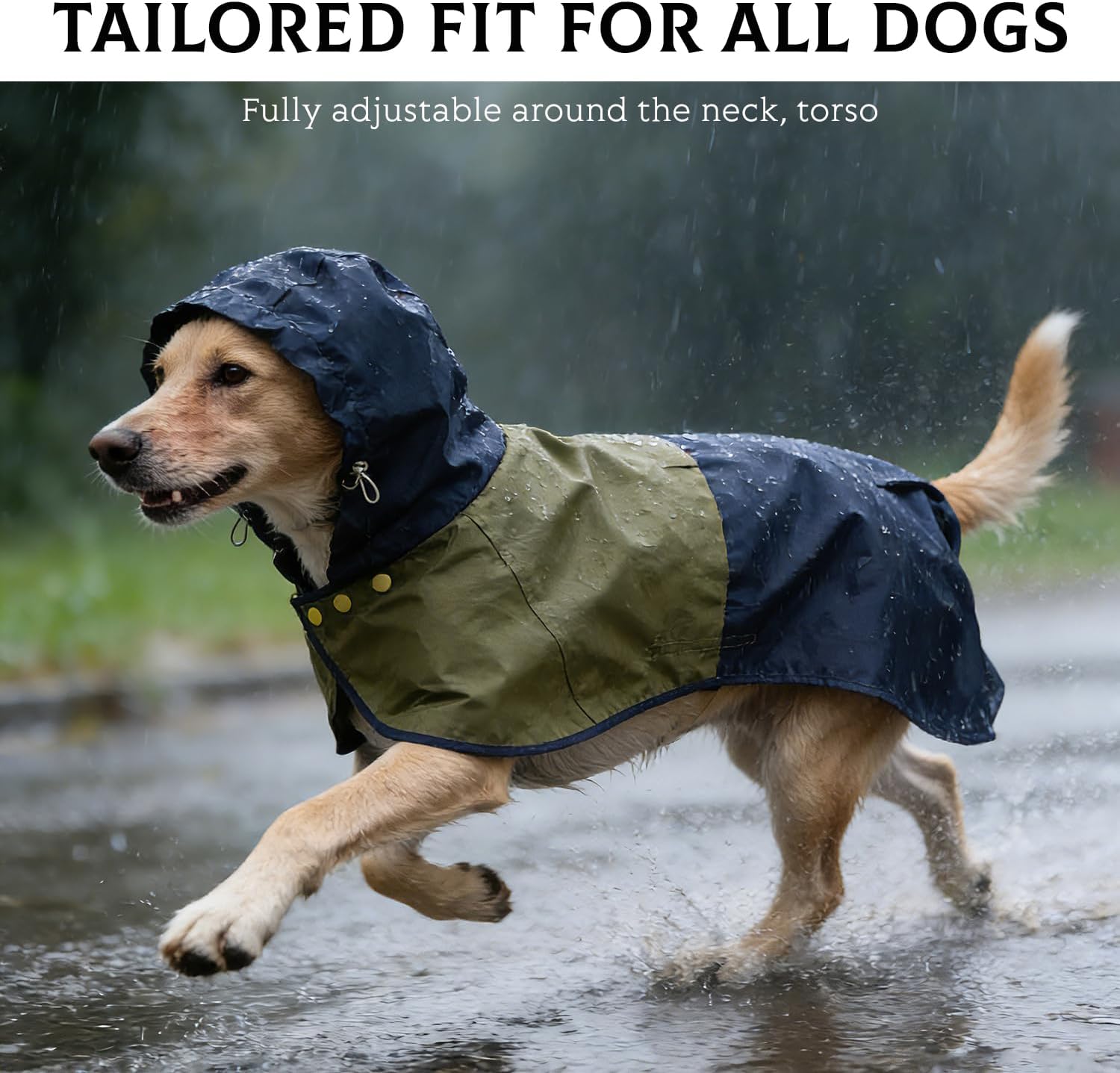 Detalle de Dog Raincoat: Waterproof Coat with Adjustable Hood & Elastic Leg Straps (Size M)