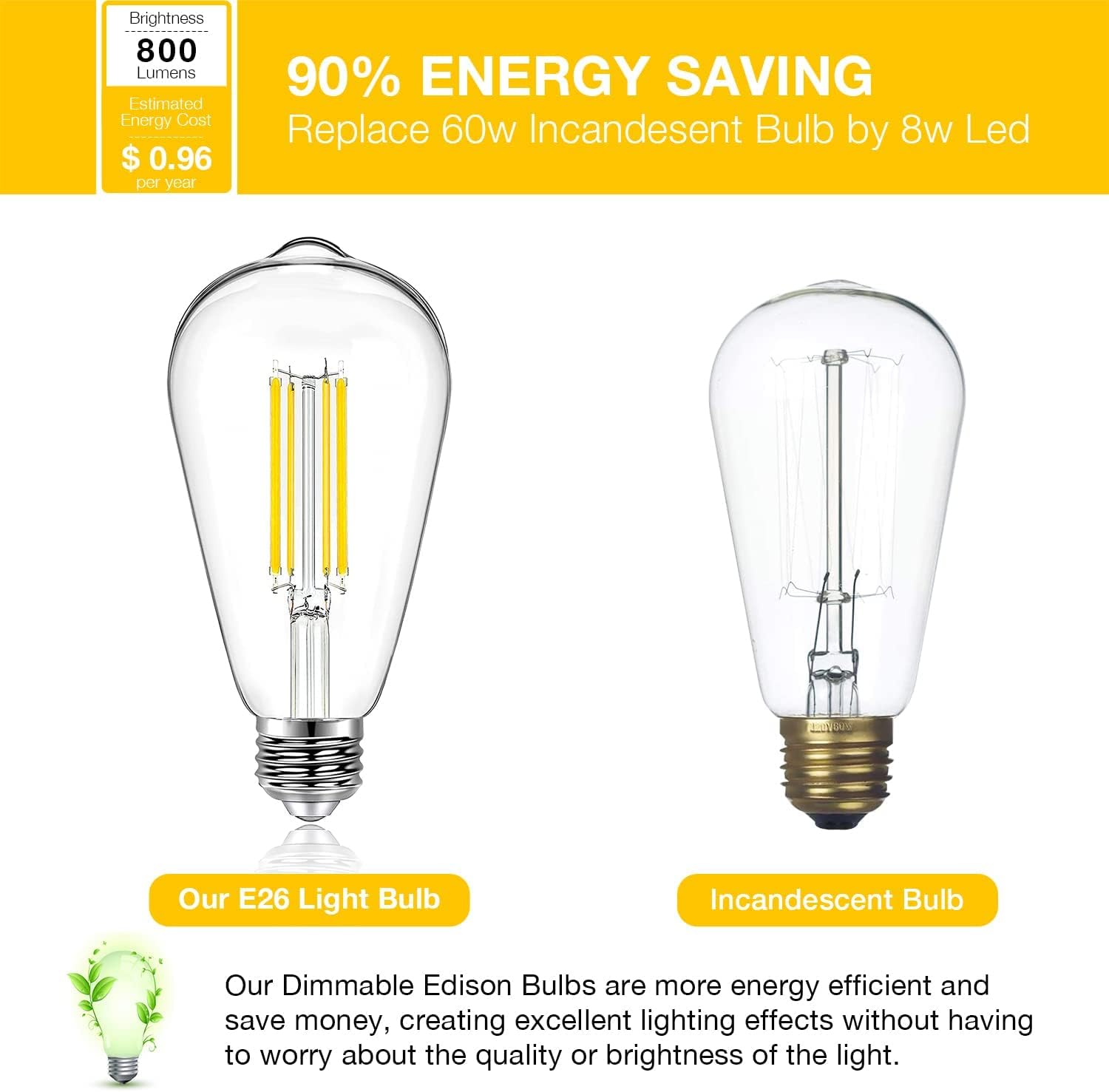 Detalle 1 de DAYBETTER DBDSDWWL004 Vintage LED Edison Bulbs, 800 Lumens, Dimmable, 2700K