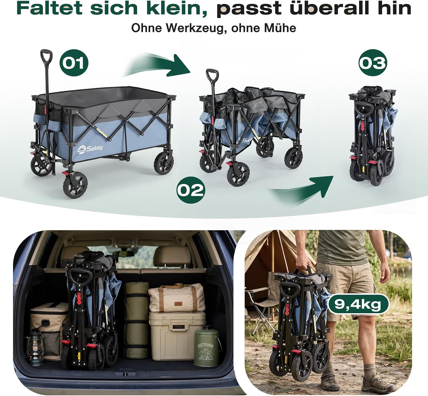 Thumbnail 6 de Sekey XXL Plus Bollerwagen XXL-PlusG 4010 faltbar (200 l, 200 kg) mit Bremsen – geländetauglich, blau