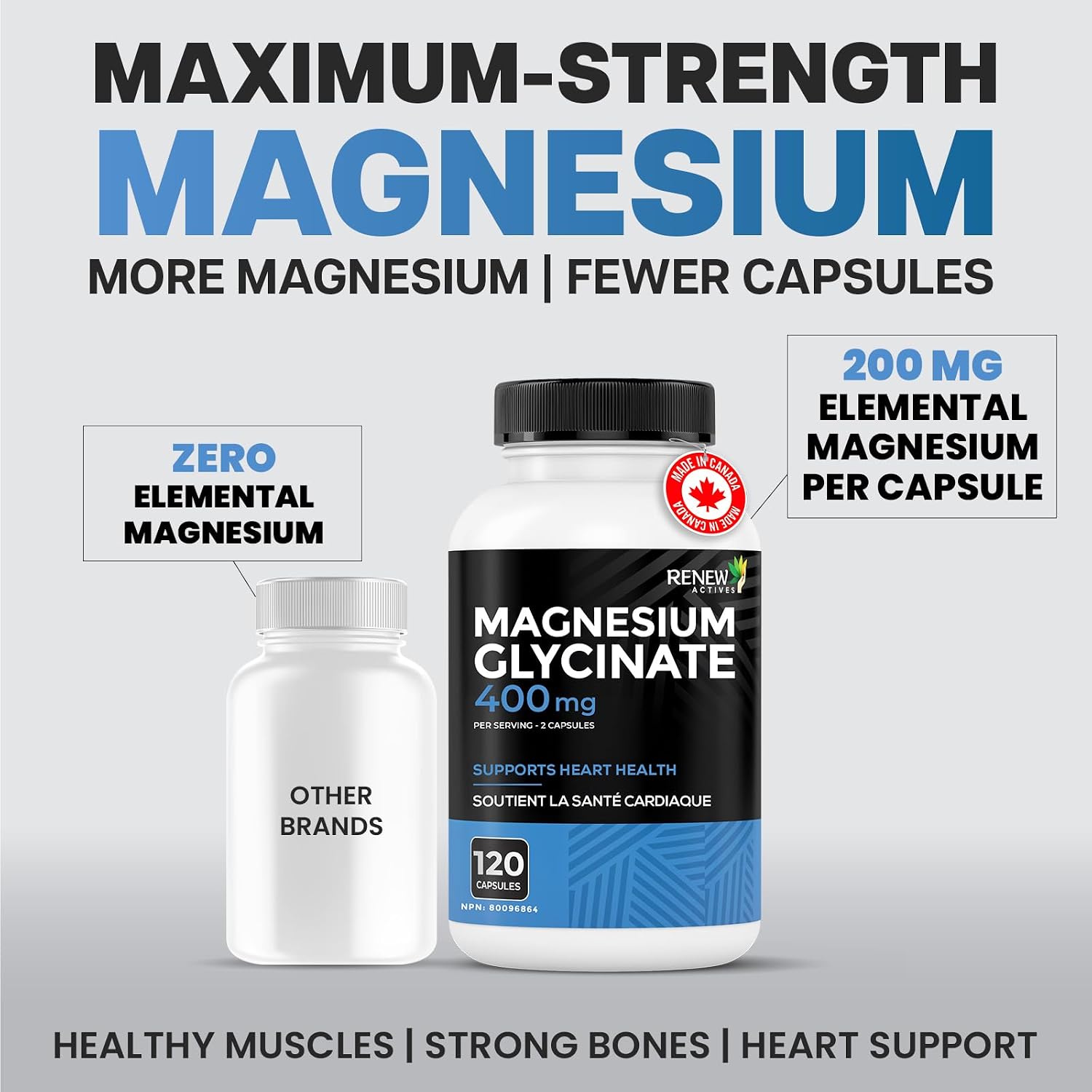 Detalle de Renew Actives Magnesium Glycinate, 400 mg per Serving, 240 Capsules