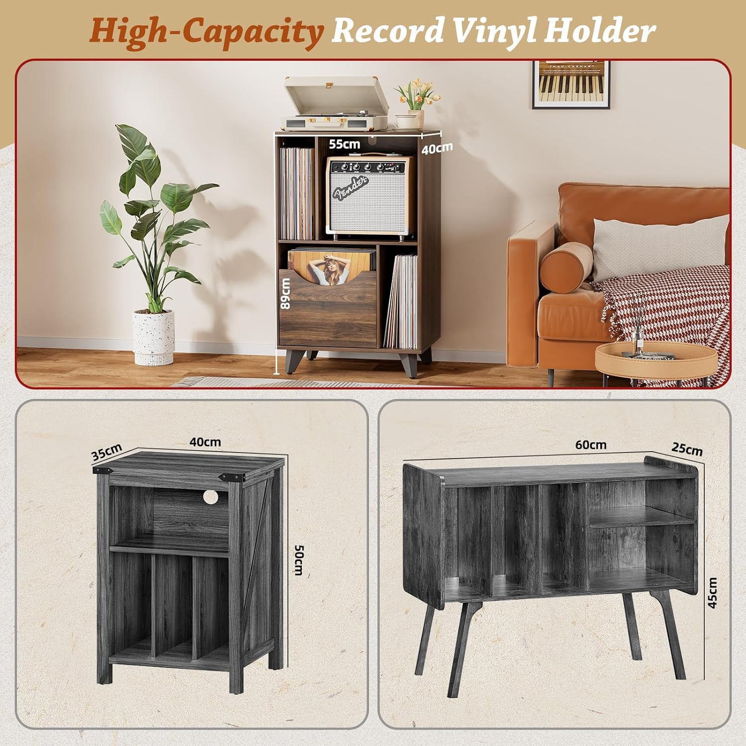 Detalle de Bikoney JIANLE S-01 vinylkast met lade, houten draaitafelmeubel tot 50 kg
