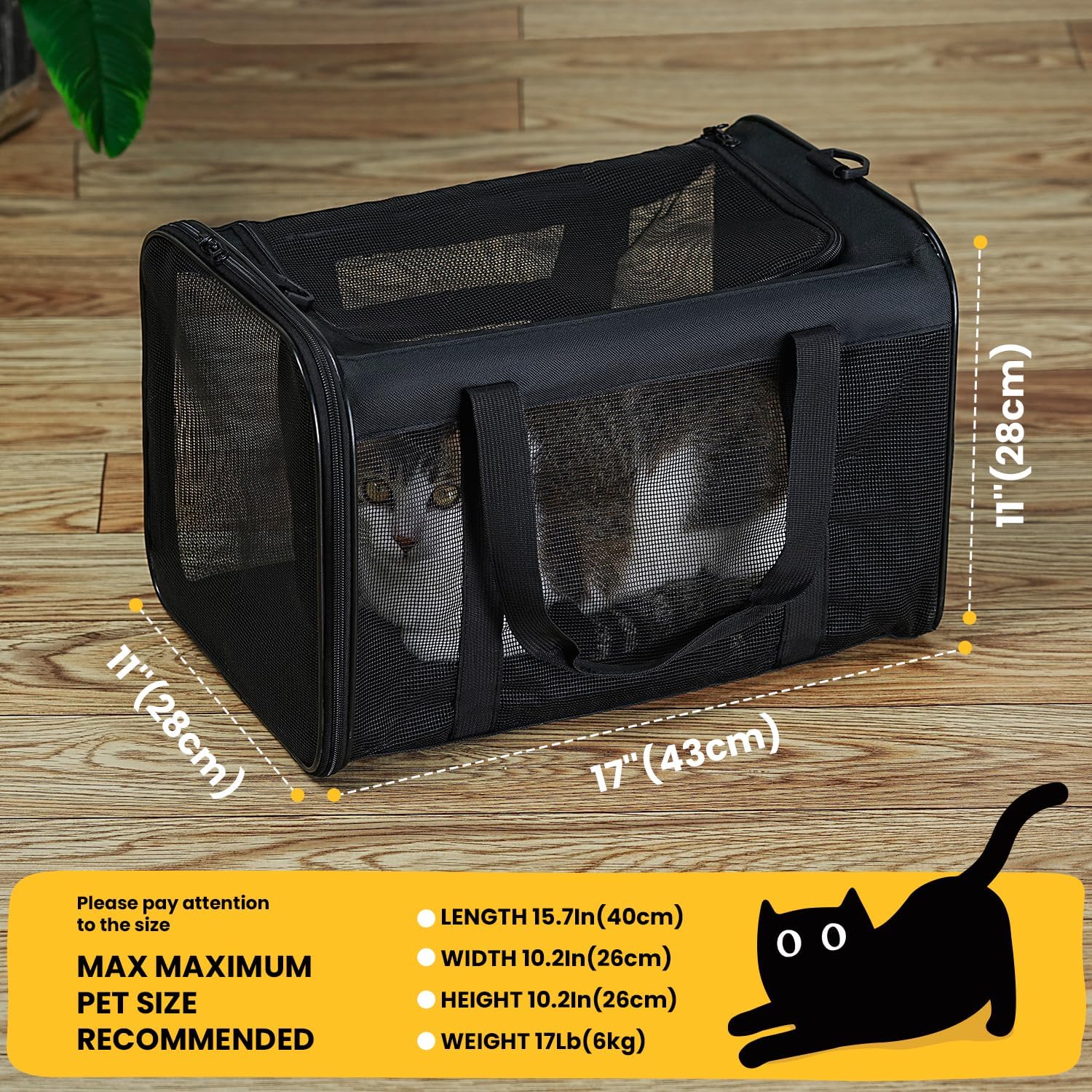 Detalle de Conlun Katzentransportbox faltbar (Weiche Transporttasche) mit 4-seitigem Netz – bis 6 kg, 43 × 28 × 28 cm, Schwarz