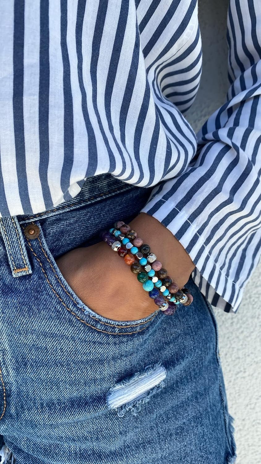 Detalle de Set di 3 Bracciali in acciaio inox e pietre dure naturali – Made in Italy, regolabili