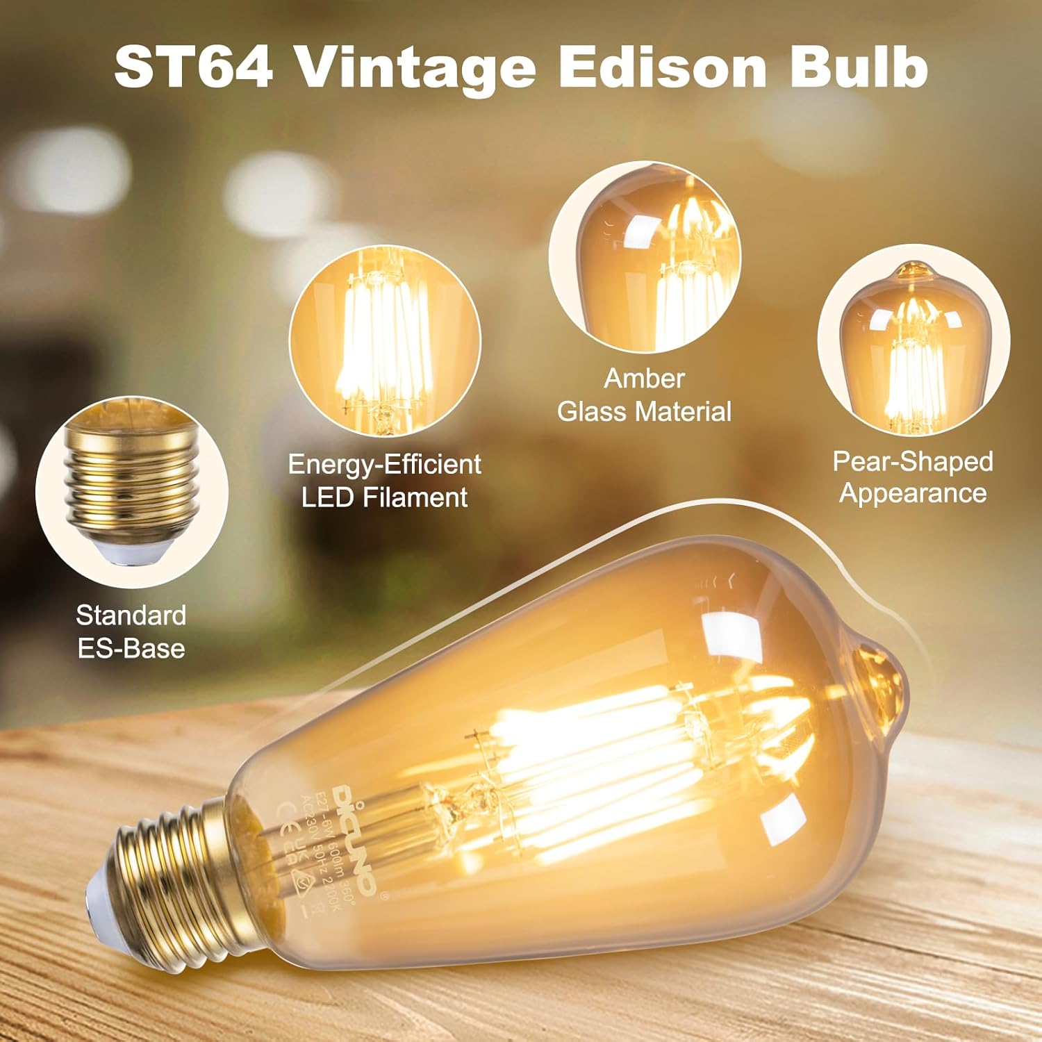 Thumbnail 6 de DiCUNO Vintage Light Bulb E27 Edison Screw Bulb, 6W Warm Amber Glass, 600LM, Non-Dimmable, ST64 (2 Pack)