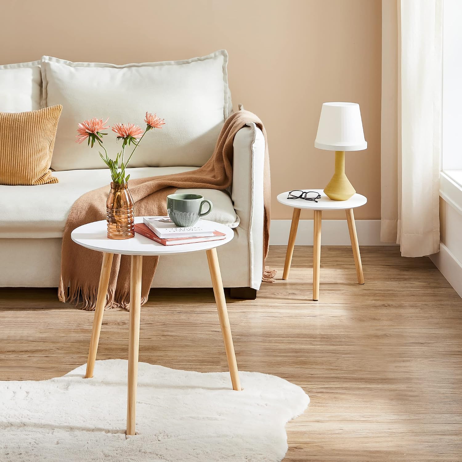 Detalle 2 de VASAGLE LET07WN Nesting Side Tables, Set of 2, Round White and Natural