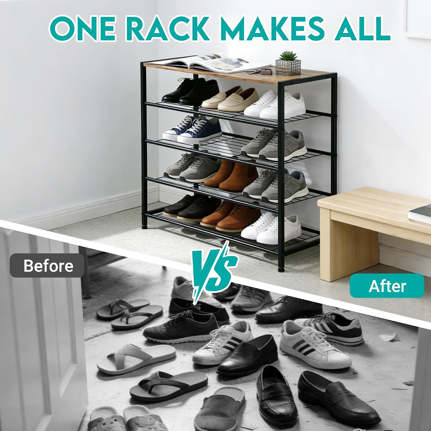 Detalle de ZOESTORAGE Schuhregal 5 Ebenen mit Sitzgelegenheit – robustes Metallregal mit rustikalbrauner Sitzfläche, 60 × 30 × 85 cm