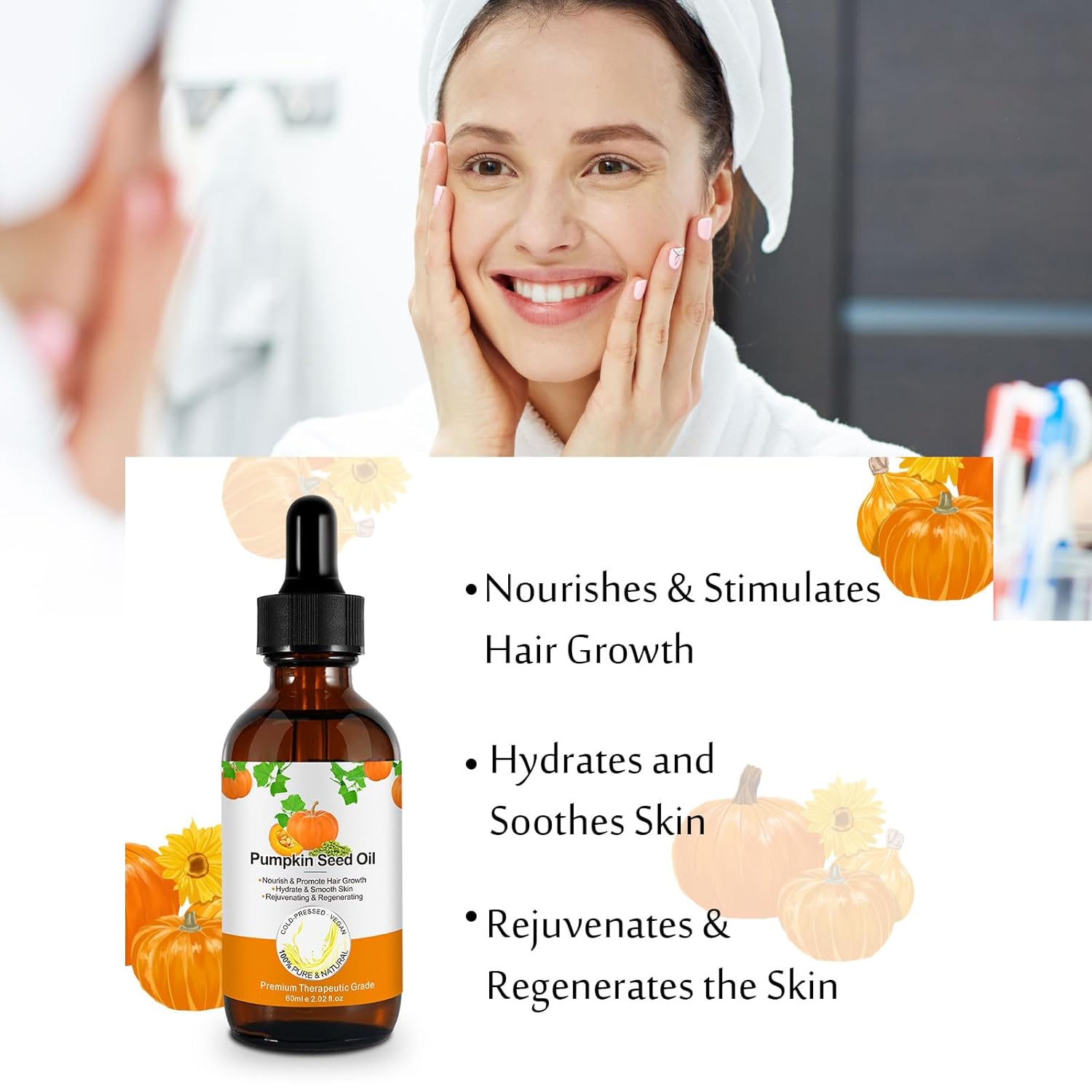 Detalle de Kürbiskernöl für Haare (60 ml) – reines Bio-Kürbiskern-Trägeröl für Hydratisierung & Reparatur von trockenem, geschädigtem Haar
