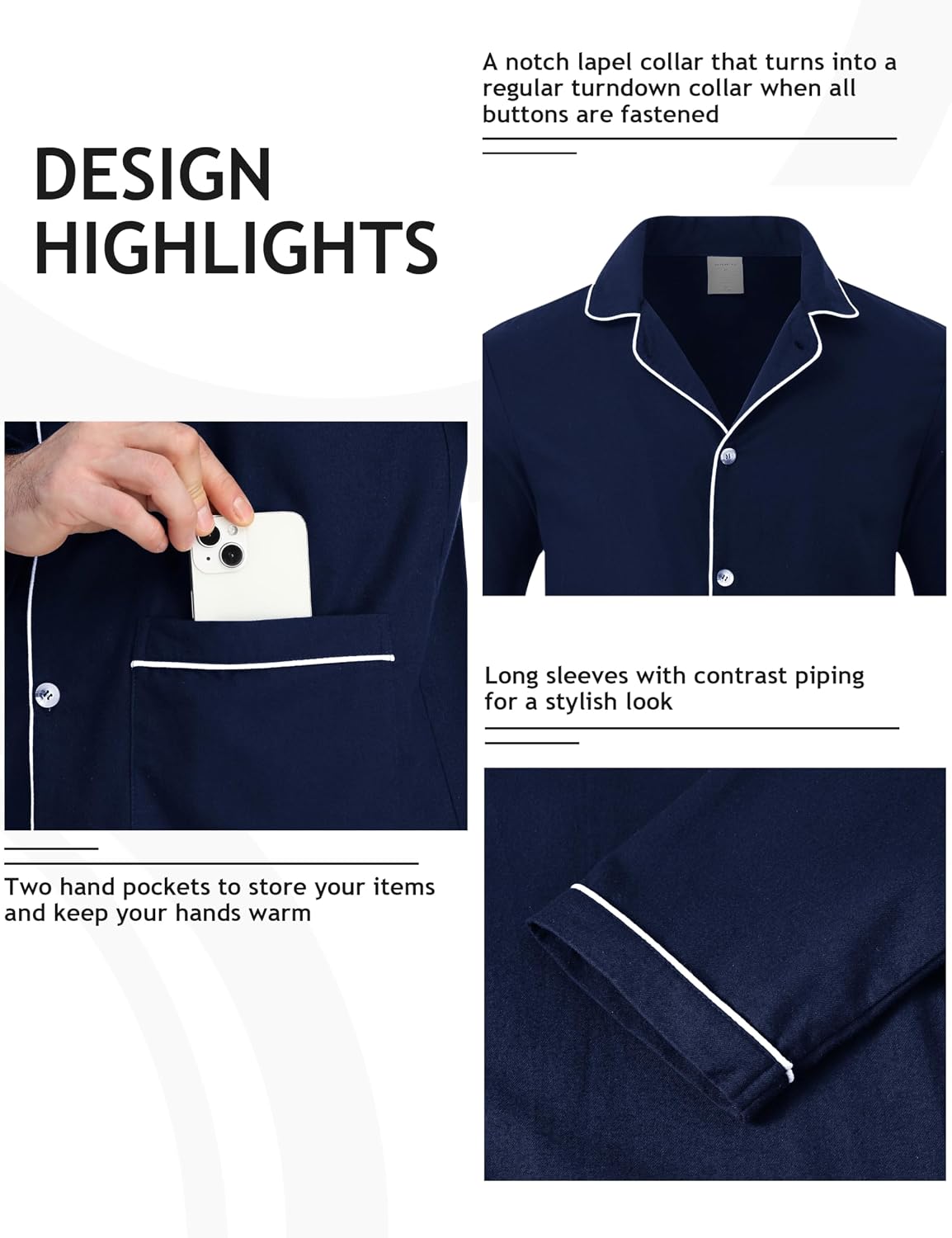 Detalle de MoFiz Pyjama Homme Hiver en Coton – Ensemble Pyjama Boutonné, Manches Longues, Carreaux ou Uni