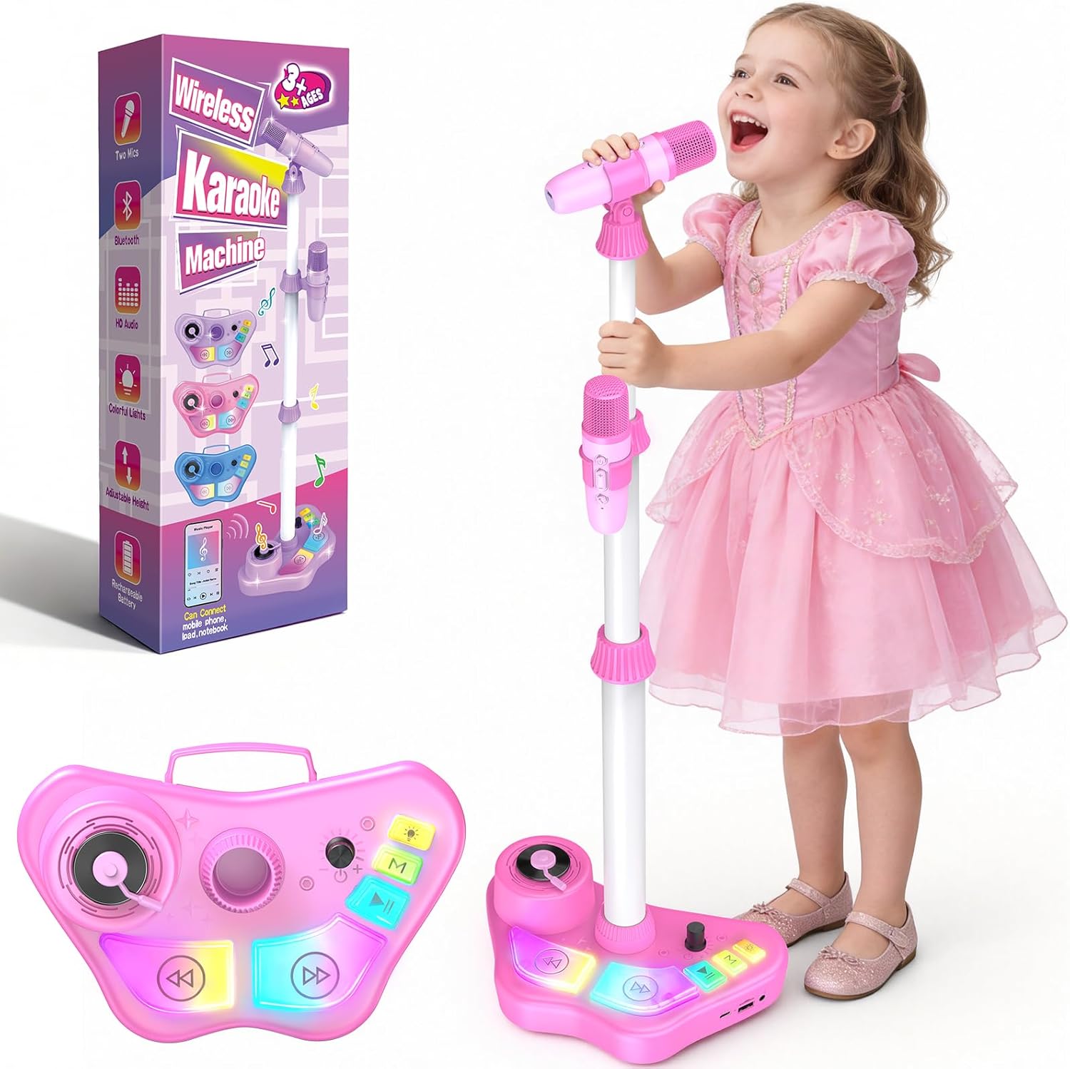 Detalle de Micrófono karaoke Rosa con soporte 47–108 cm