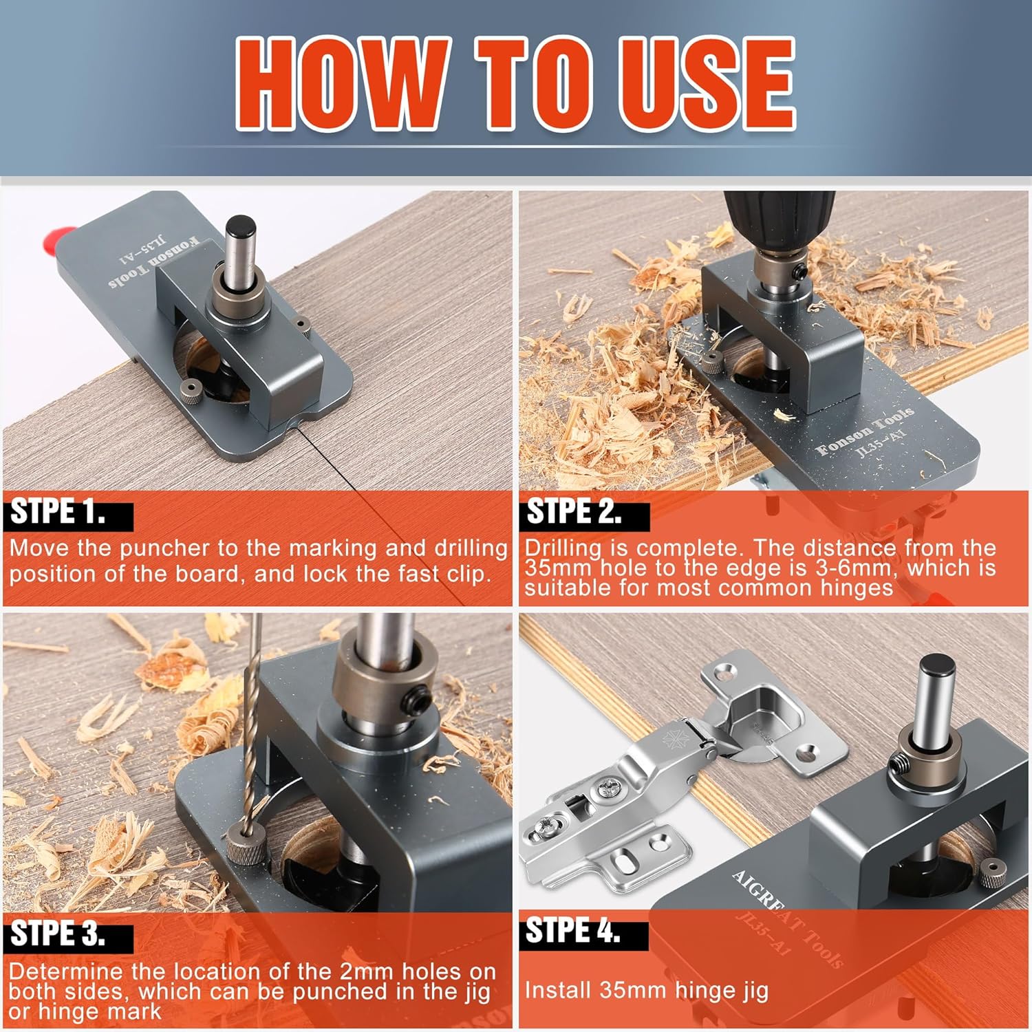 Detalle de Metal Concealed Hinge Jig, 35MM Cabinet Hinge Jig Drilling Hole Puncher with Quick Clamp