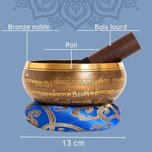 Detalle de XL Bol chantant fait main au Népal – Set tibétain pour méditation et yoga, fuseau cuir, boîte Lokta – Hātakāma Nēpāla