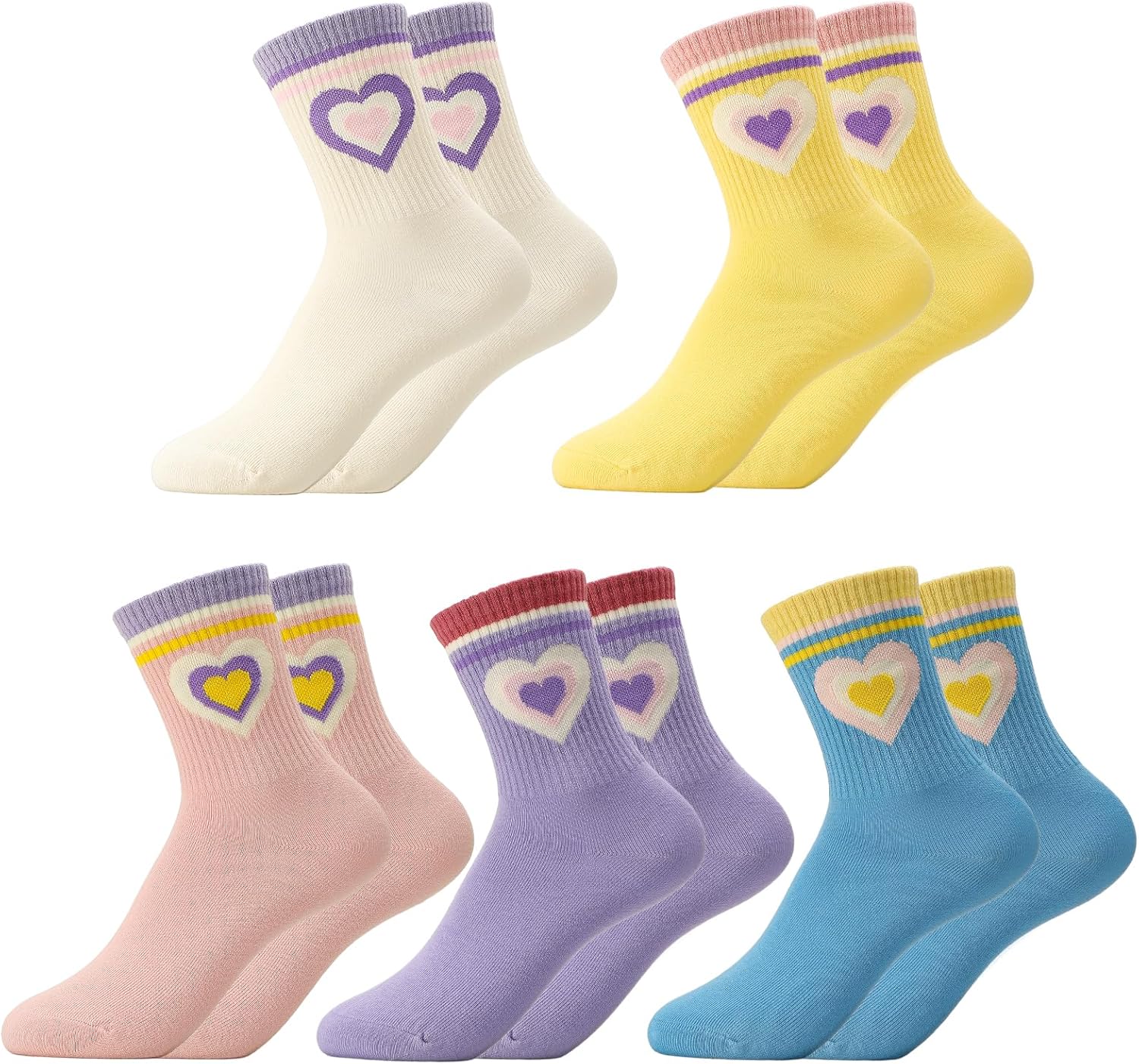 Detalle de Partideal 5 Pairs Kids Cotton Crew Socks – Breathable, Striped Hearts Design for 9–12 Year Olds
