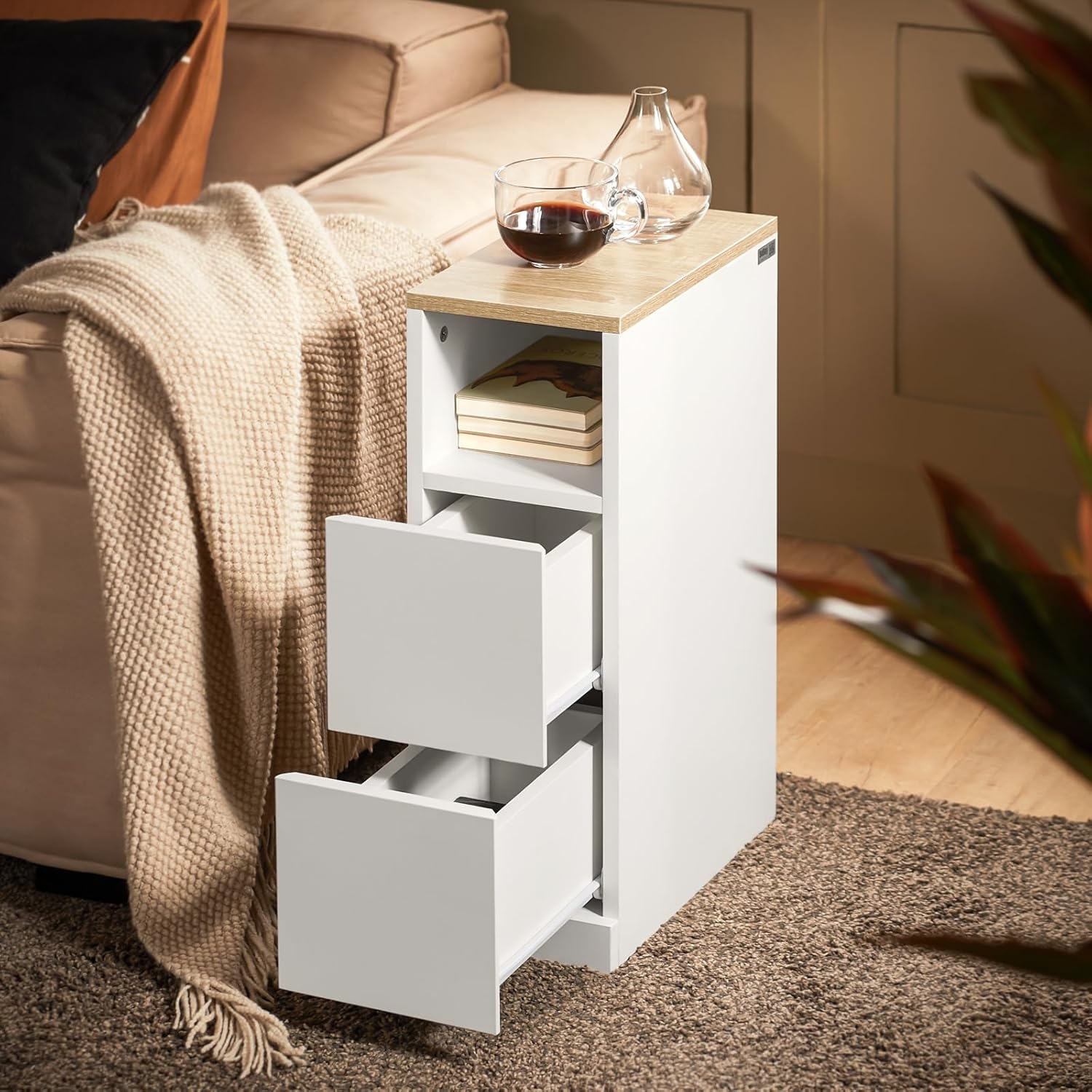 Detalle de SoBuy Lot de 2 Tables de Chevet étroites 20 cm – Tables de Nuit avec 2 tiroirs, blanc, L20 x P35 x H60 cm (FBT149-WNx2)
