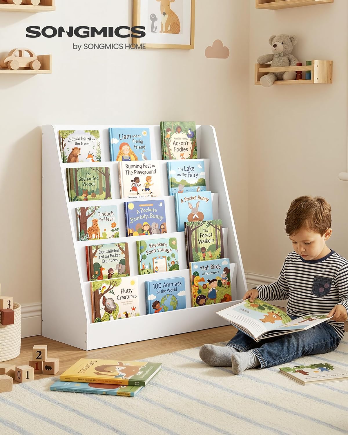 Detalle 2 de Libreria per bambini SONGMICS Montessoriana a 5 ripiani, bianco nuvola GKR076WZ01