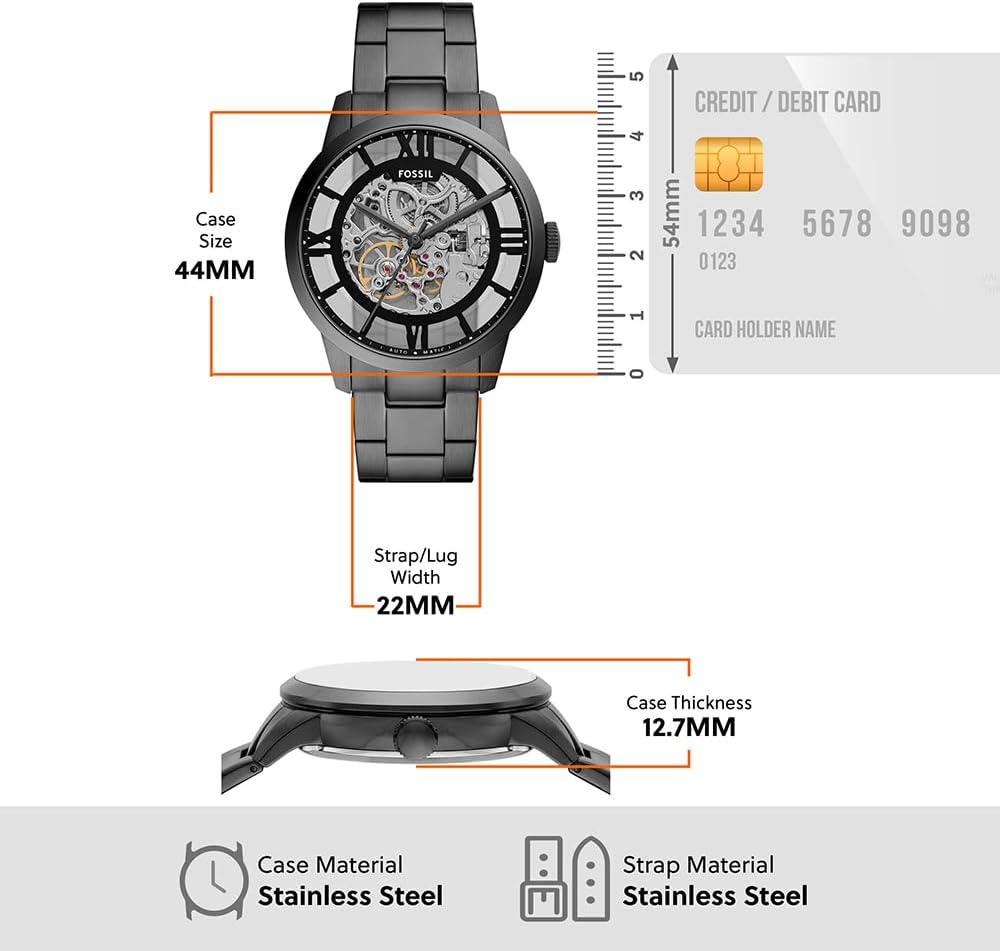 Detalle de Fossil Townsman Herrenuhr – Automatik-Dreizeigerwerk, 44 mm Gehäuse, Edelstahl-/Lederarmband