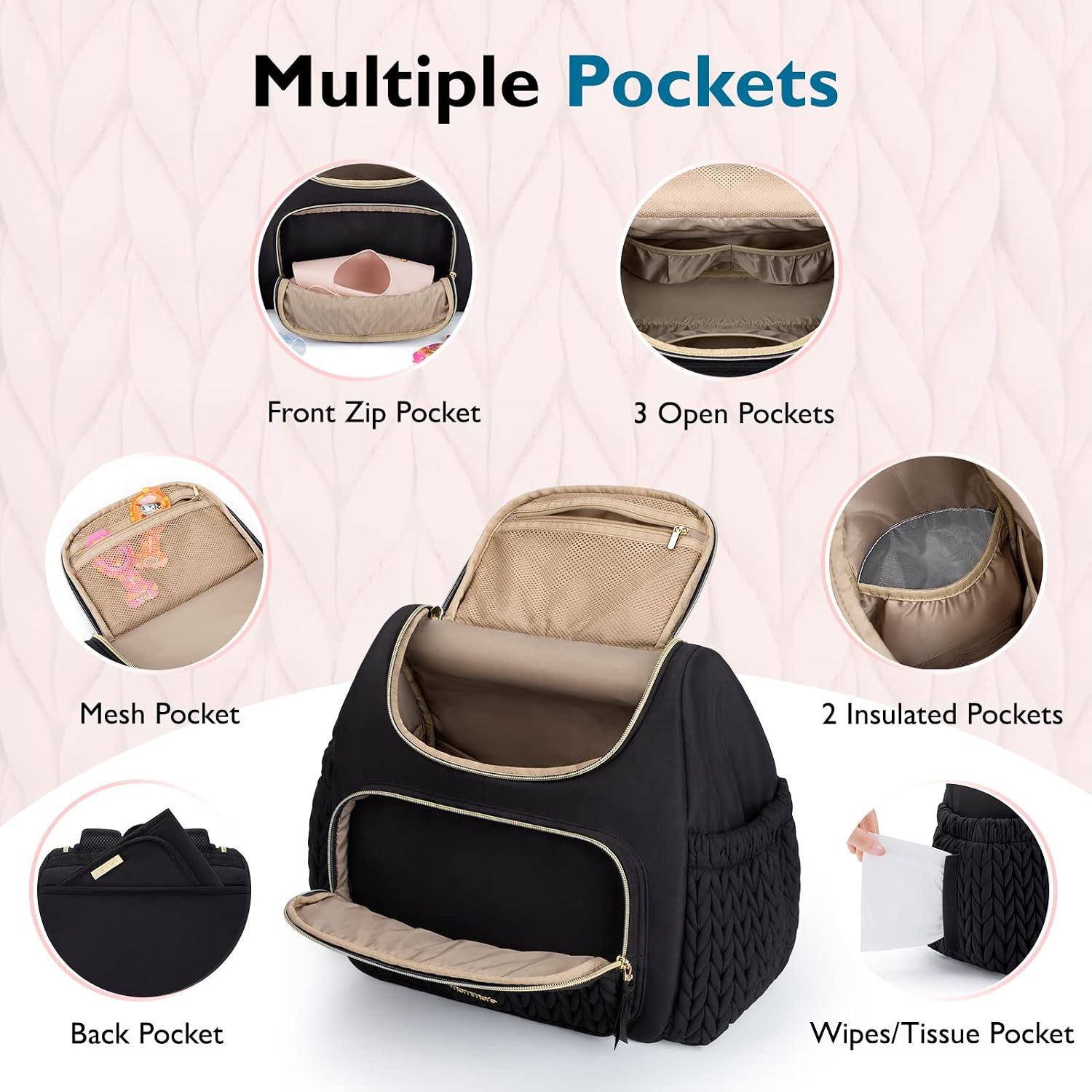 Detalle de mommore Wickeltasche & kleiner Wickelrucksack – kompakte Reisetasche mit isolierten Fächern, Wickelunterlage und Kinderwagenbefestigungen