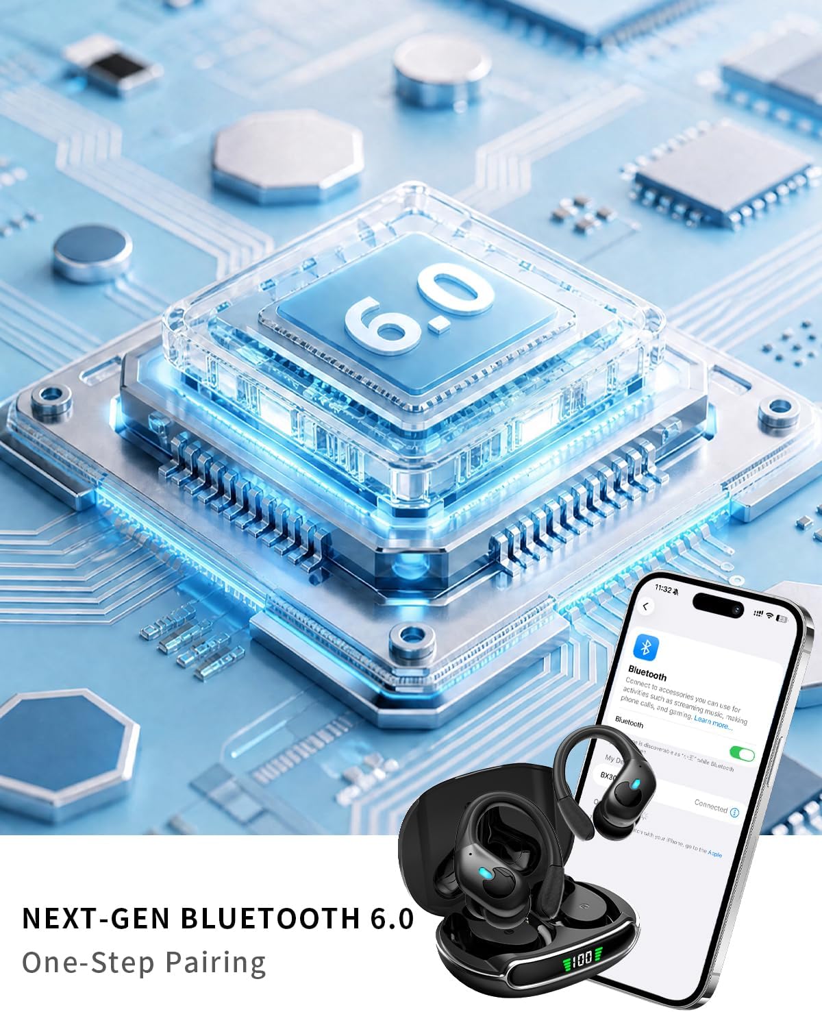 Thumbnail 5 de WHYKJTEK BX30 Open-Ear Wireless Earbuds, ANC, 90-Hour Playtime, IPX7 Black