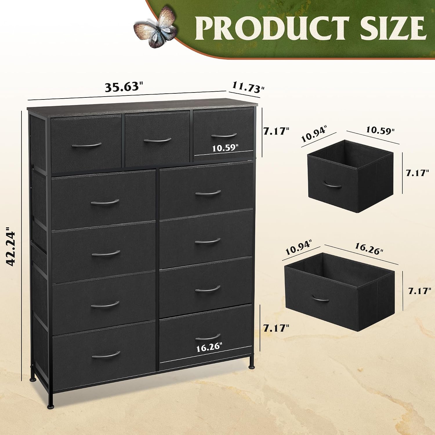 Detalle de WLIVE ASNG203 Tall Dresser, 11 Fabric Drawers, Charcoal Black