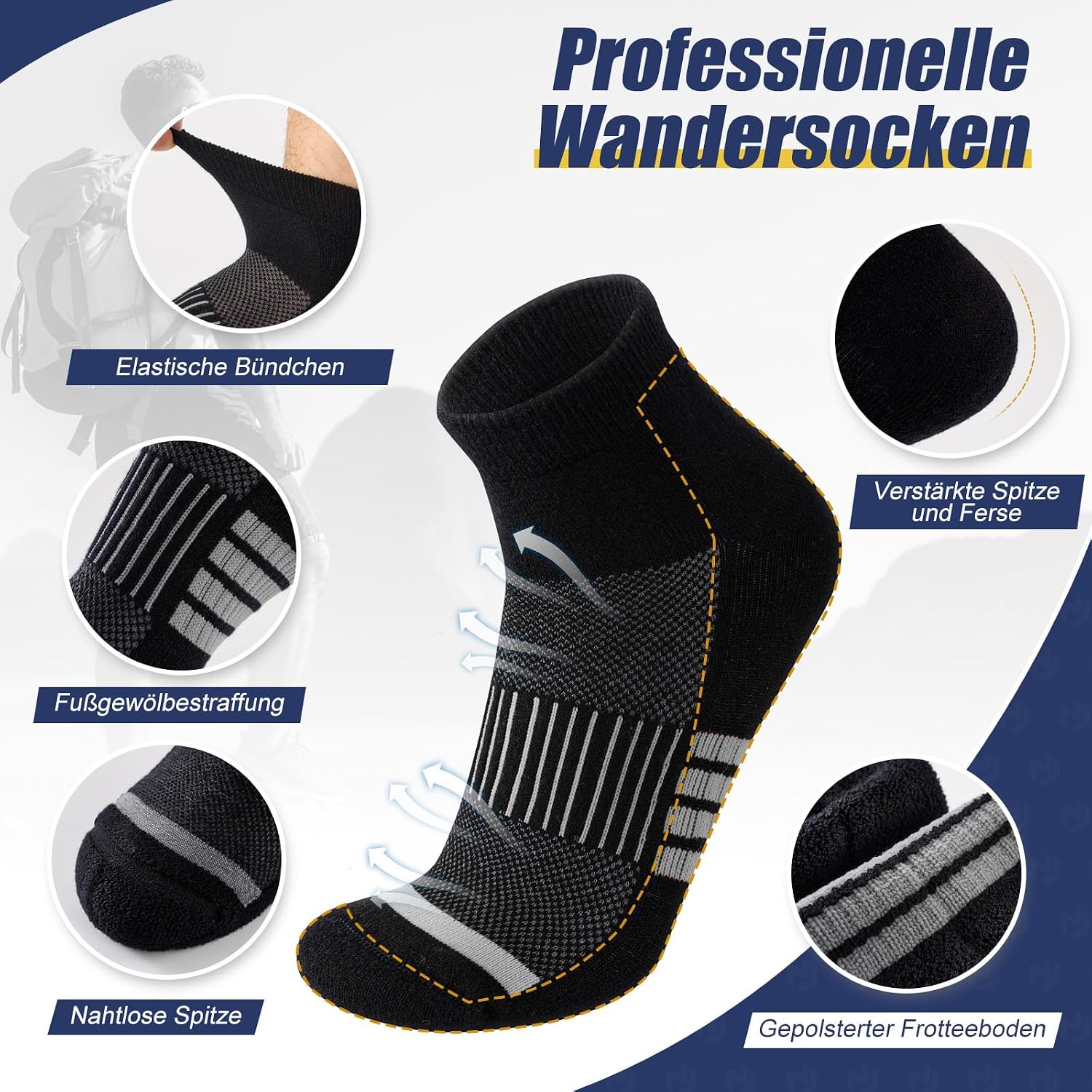 Detalle de Niofind Merino Wandersocken (Quarter) – atmungsaktive, gepolsterte Laufsocken im 6er-Set