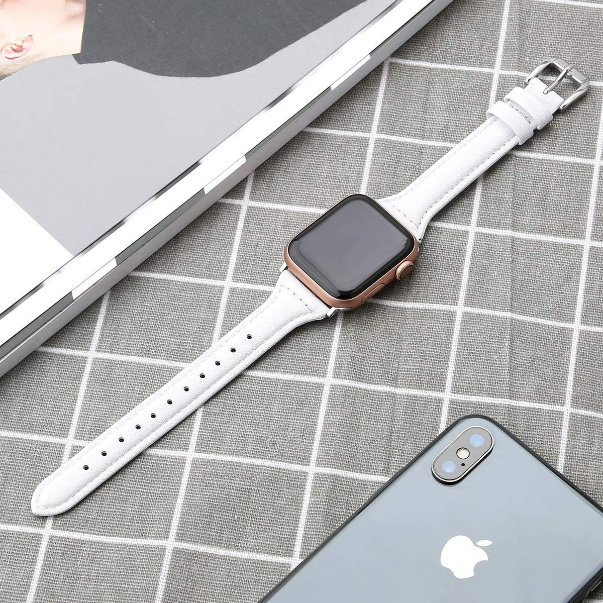 Detalle de SEURE Lederarmband kompatibel mit Apple Watch 38/40/41 mm (Edelstahl-Schnalle, Weiß/Silber)