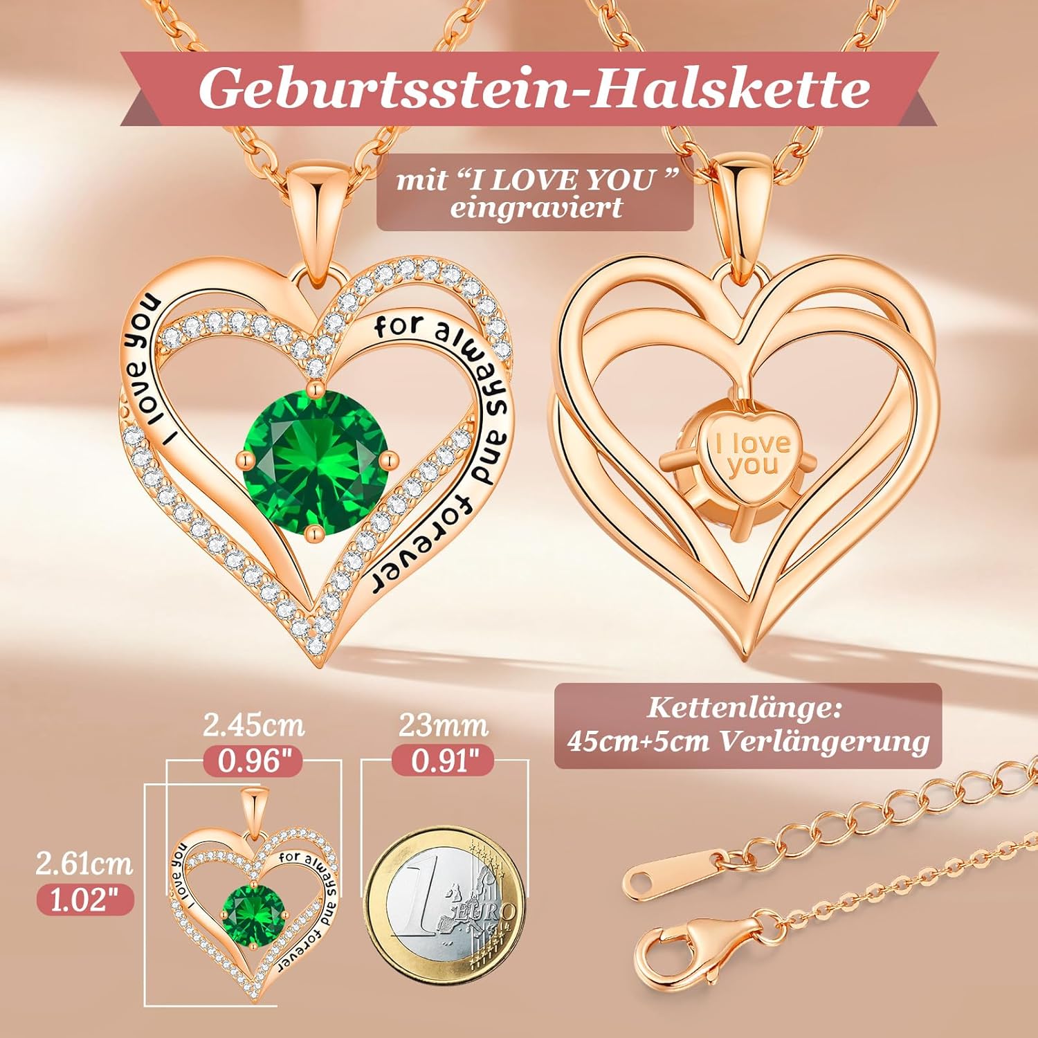 Thumbnail 4 de CDE Herz-Anhänger Halskette für Damen mit doppeltem Herz, Zirkonia und Geburtsstein-Farben