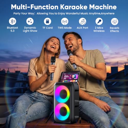 Detalle 2 de Peski Karaoke Machine for Adults & Kids — 15W Portable Bluetooth PA System with 2 Mics, TWS, LED Lights, 10H Battery
