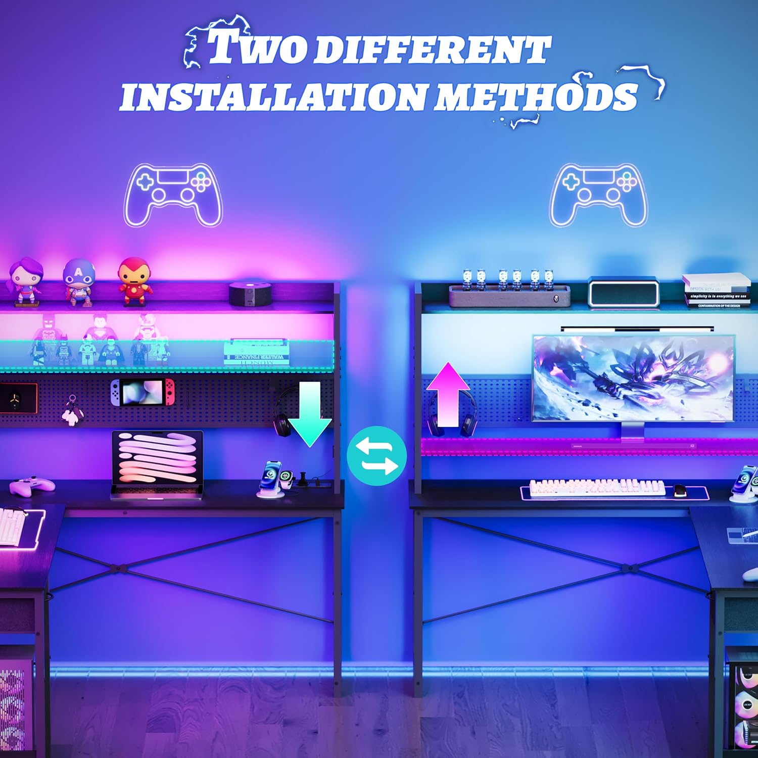 Thumbnail 6 de YOUDENOVA bureau gaming d’angle en L avec panneau perforé, étagère réversible et LED (noir)