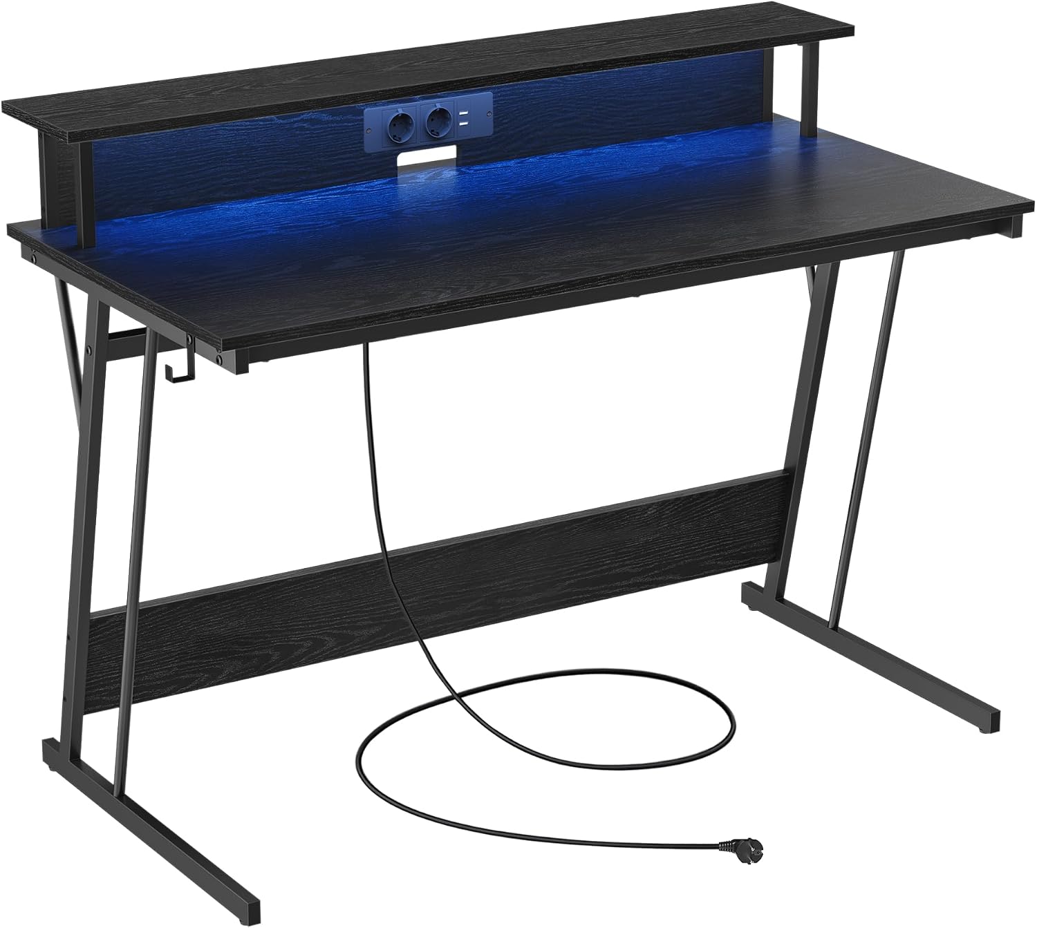 Detalle de VASAGLE Scrivania da gaming LWD192B56 con luci LED, supporto per 2 monitor e prese di corrente, 60 x 120 x 76 cm