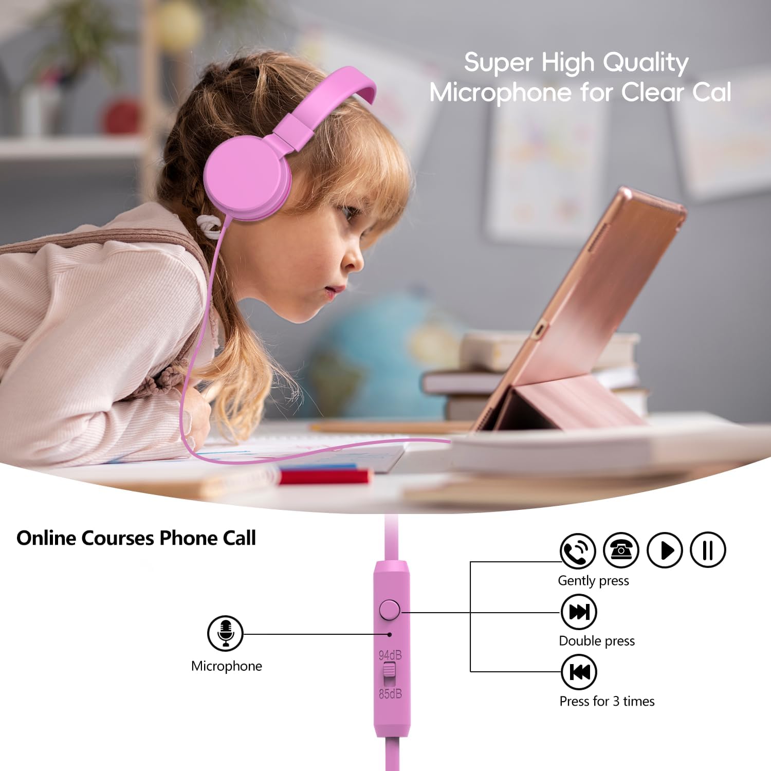 Detalle de Kids Headphones Wired: Safe Volume-Limited On-Ear Headphones for Kids (Pink)