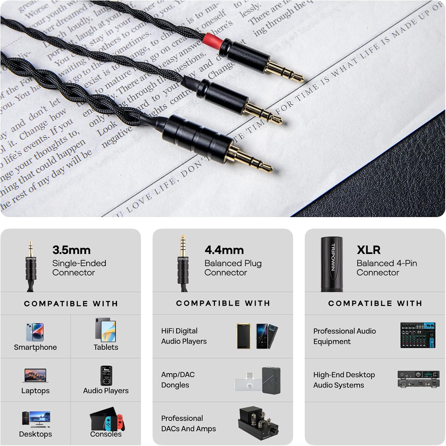 Thumbnail 4 de Linsoul Tripowin Nova Fil – câble hybride 4 brins argenté OCC pour casques sur-auriculaires, 2 m, connexion 3,5 mm vers 4,4 mm/XLR