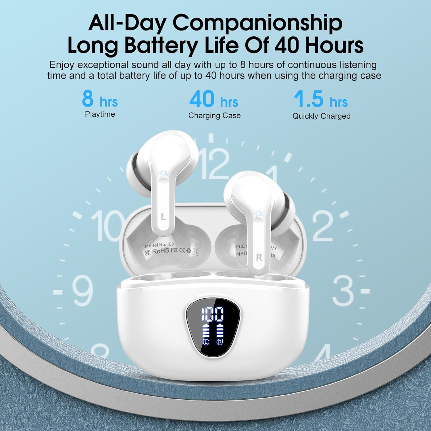 Detalle de Wireless Earbuds with Bluetooth 5.4, ENC Mic, IP7 Waterproof, LED Display, 48H Battery
