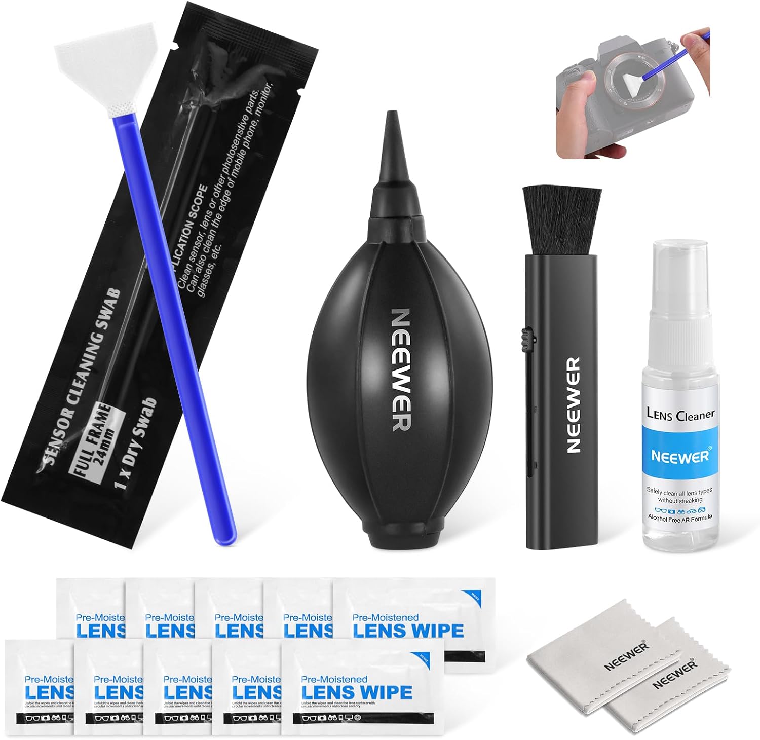 NEEWER kit de nettoyage 16 en 1 pour objectifs et capteurs (HM-44) : brosse, souffleur, tampon pour capteur 24 mm, spray et lingettes