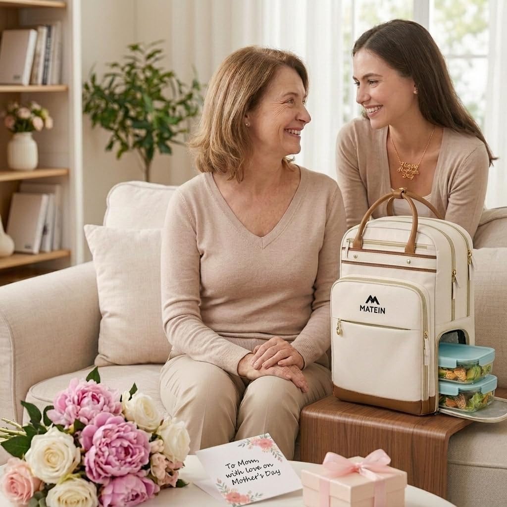 Detalle de MATEIN Laptop-Rucksack Damen 15,6 Zoll (2-in-1) mit abnehmbarem Kühlfach, USB-Ladeanschluss und A5-Dokumentenmappe – Beige