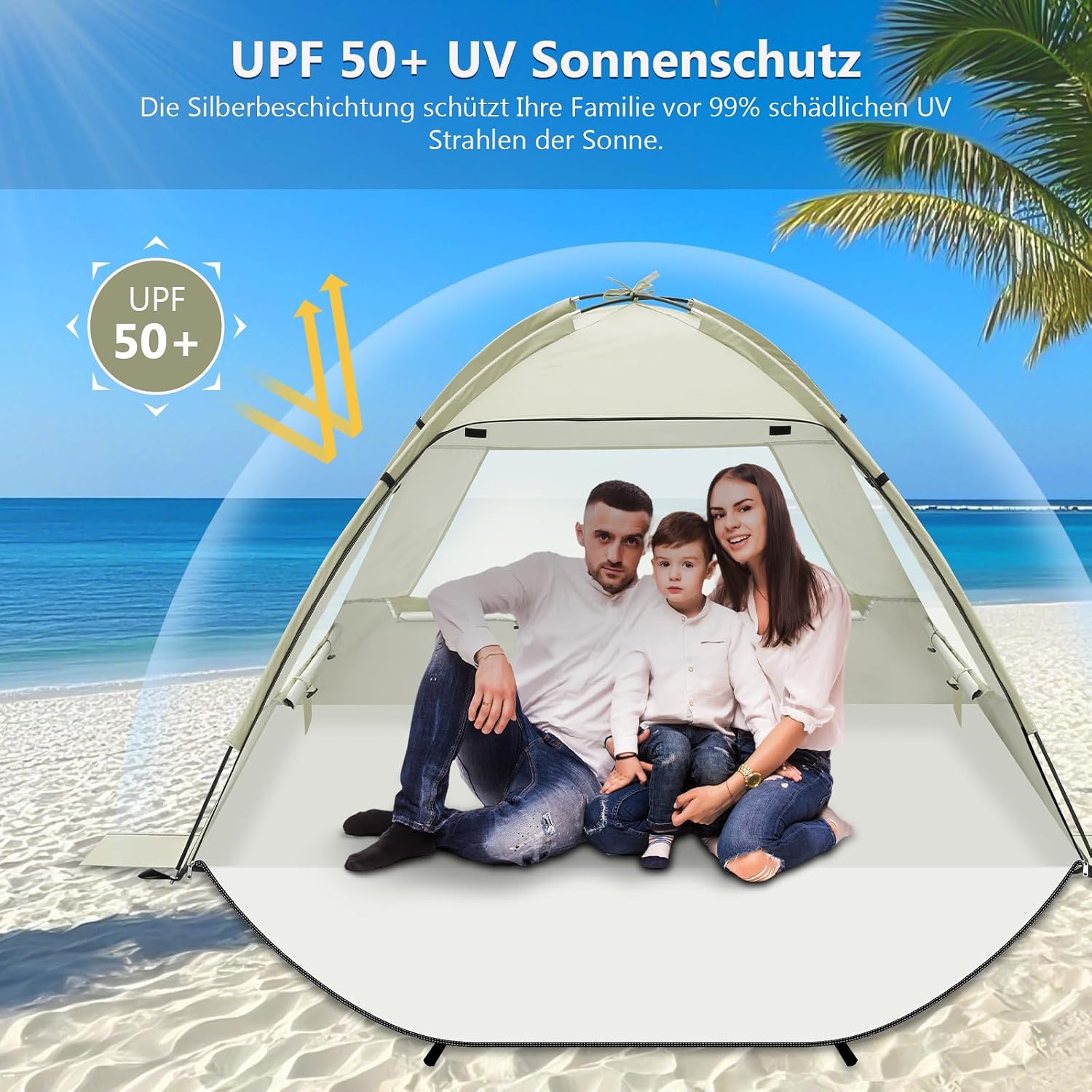 Detalle de Strandmuschel für 2–4 Personen – Strandzelt mit UV-Schutz 50+ und Windschutz