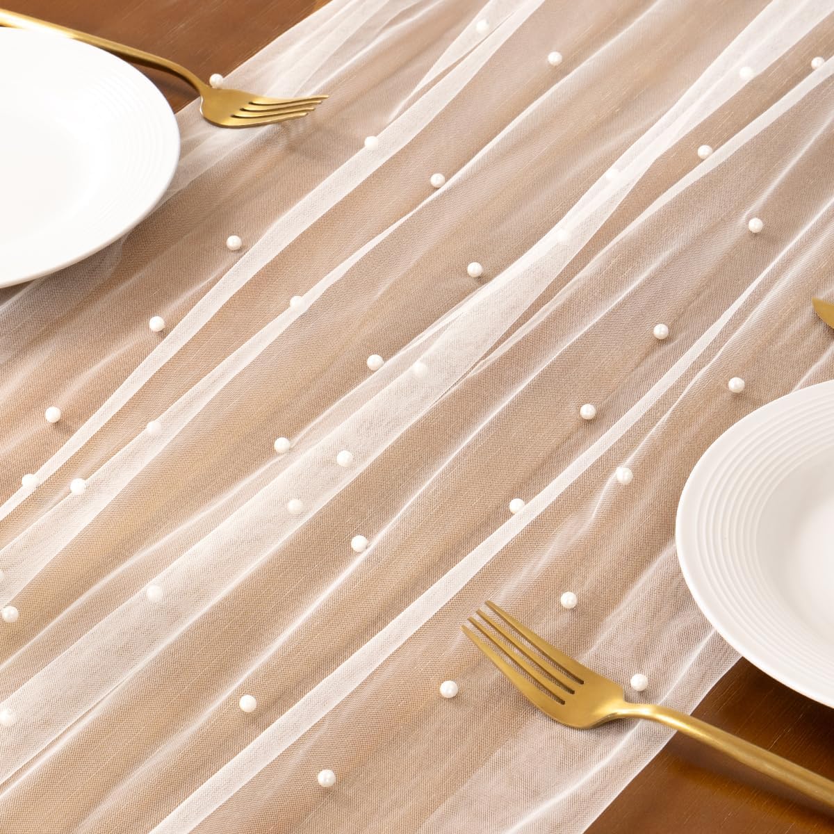 Thumbnail 4 de Socomi Pearl Tulle Table Runner Gauze (Ivory White) 29" x 120" for Easter, Weddings & Parties