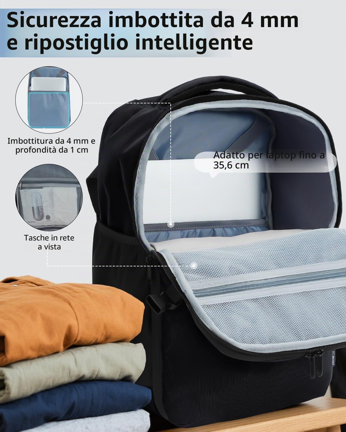 Detalle 2 de ECOHUB Zaino Ryanair 20L – Zaino da viaggio 40x20x25 cm per laptop 14", riciclato e impermeabile