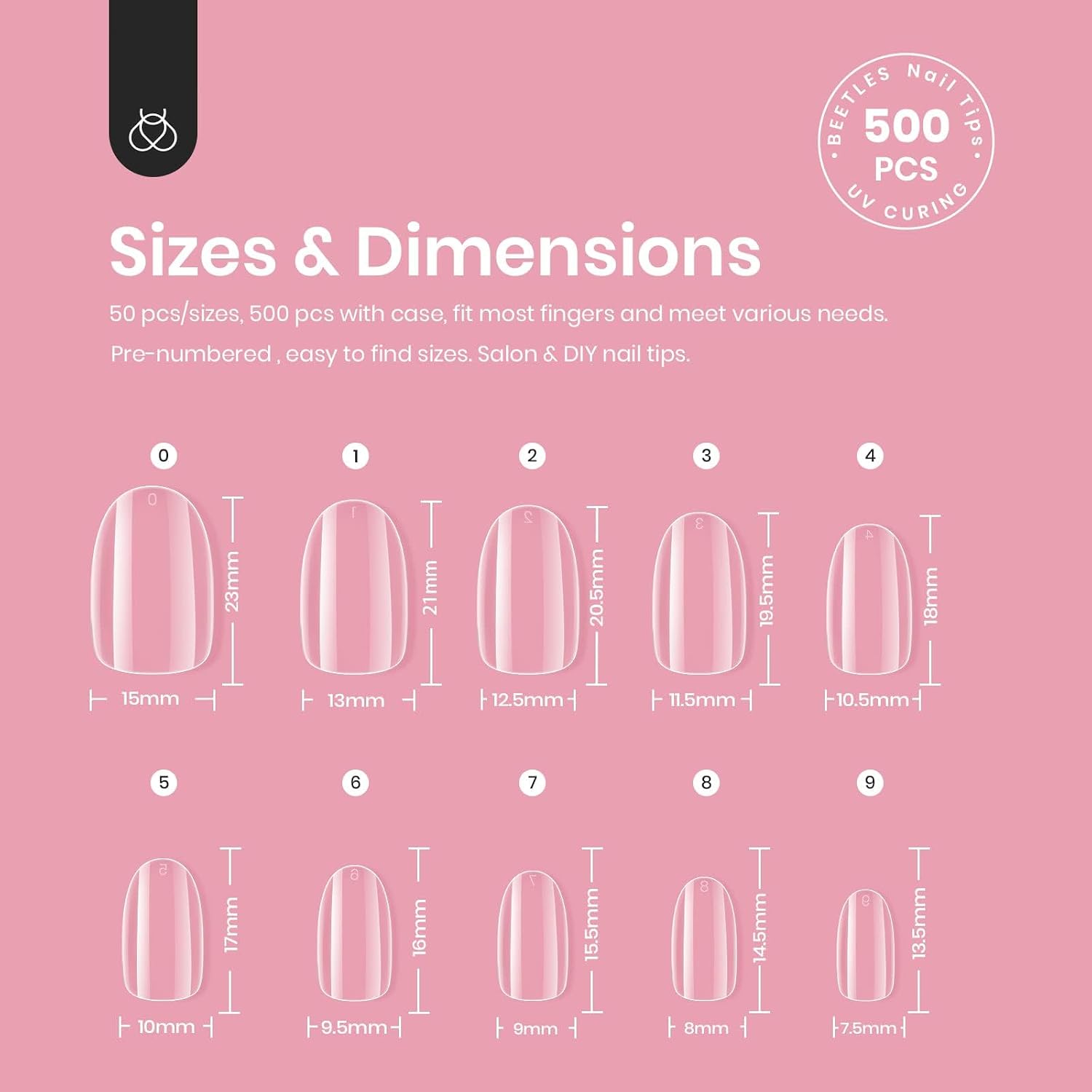 Detalle de Beetles Short Oval Gel Nail Tips, 500 Clear Full-Cover Tips in 10 Sizes