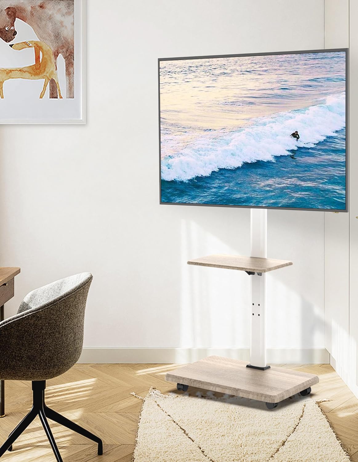 Thumbnail 5 de XTRARM Delphos Support TV Mobile sur roulettes avec socle en bois, 32 à 70 pouces, VESA jusqu’à 600x400