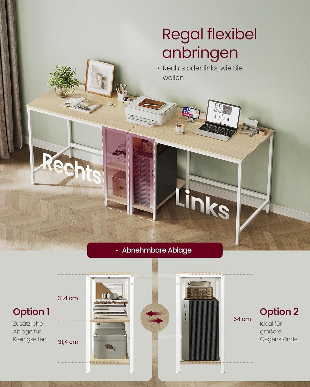 Thumbnail 4 de VASAGLE Computertisch LWD046L01 – 100 × 50 cm, naturbeige/perlweiß, stabiler Bürotisch