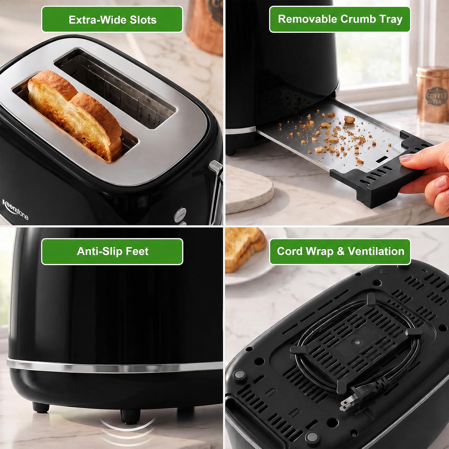 Thumbnail 5 de Keenstone 2-Slice Retro Stainless Steel Toaster with Bagel, Defrost, Cancel, and 6 Browning Settings