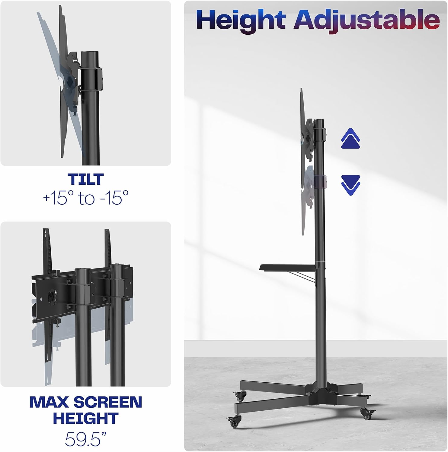 Detalle de VIVO DGMT-4310-SRK001 Mobile TV Cart, 32–83-Inch, 50kg, Tilt, Locking Wheels